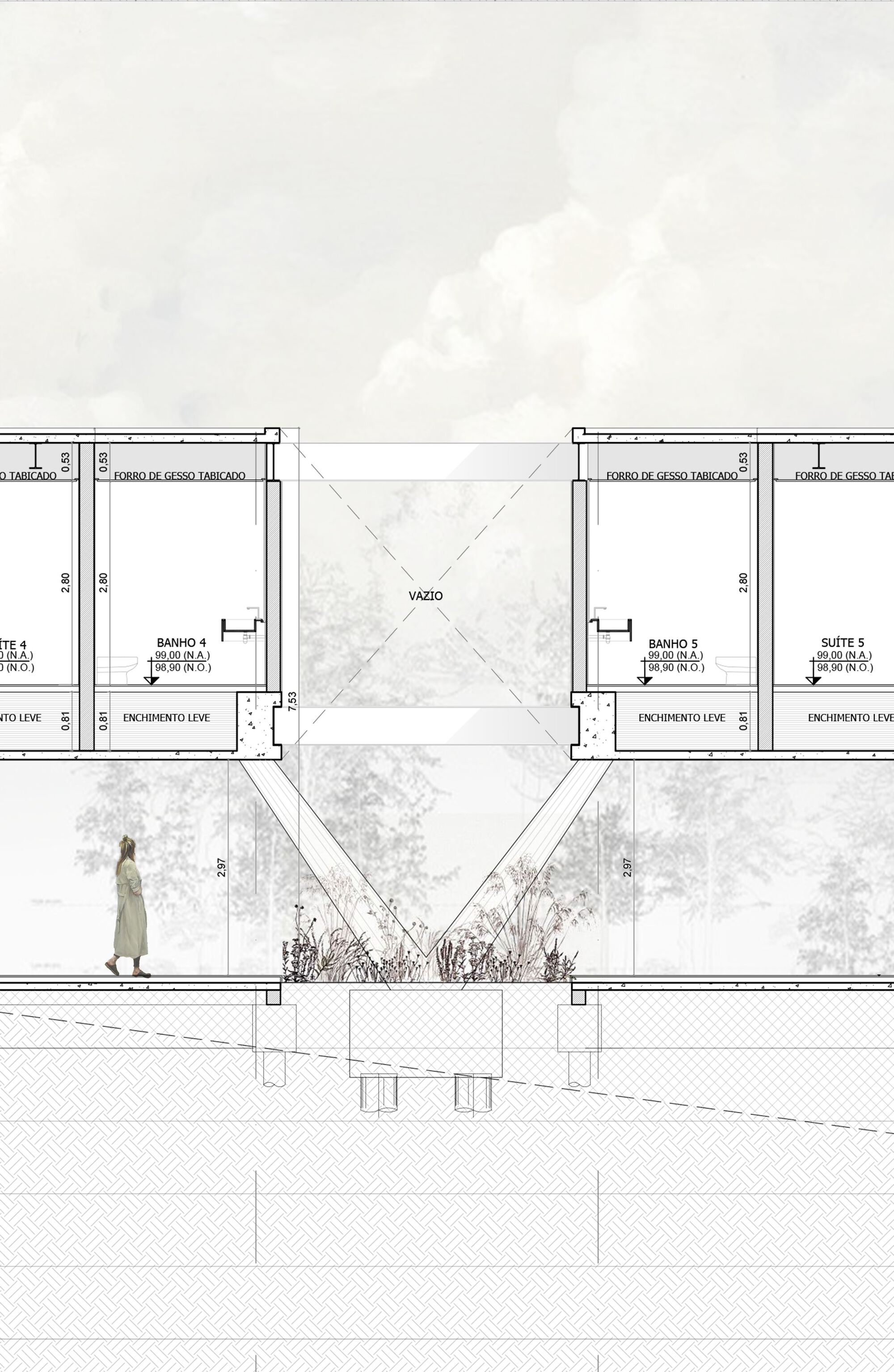 Section drawing showing two bathrooms flanking a central void with planted landscape below and a walking figure
