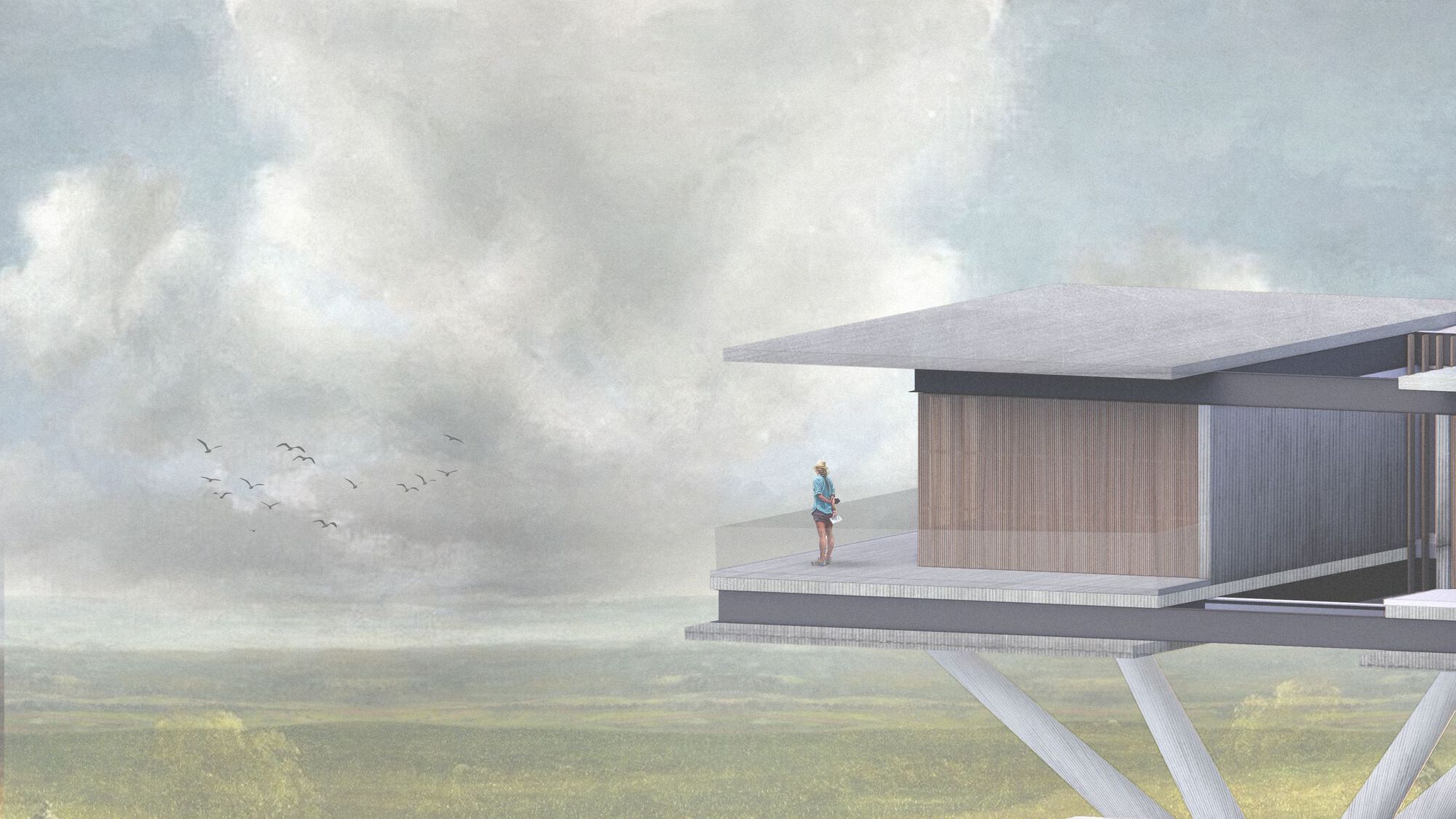 Rendered view of a timber-clad volume on concrete supports with a figure on the terrace and birds overhead