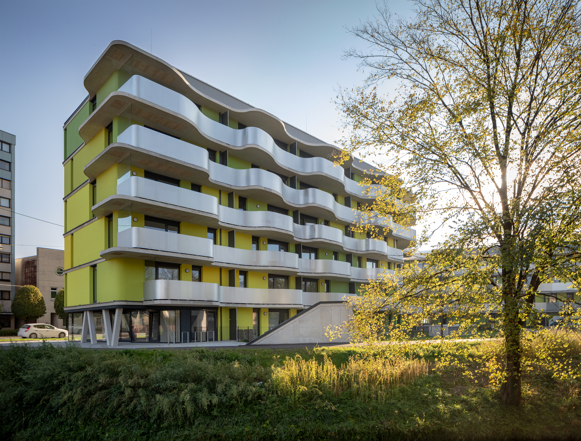 Curved white balconies wrap the yellow and green facade beside a tree in golden autumn light