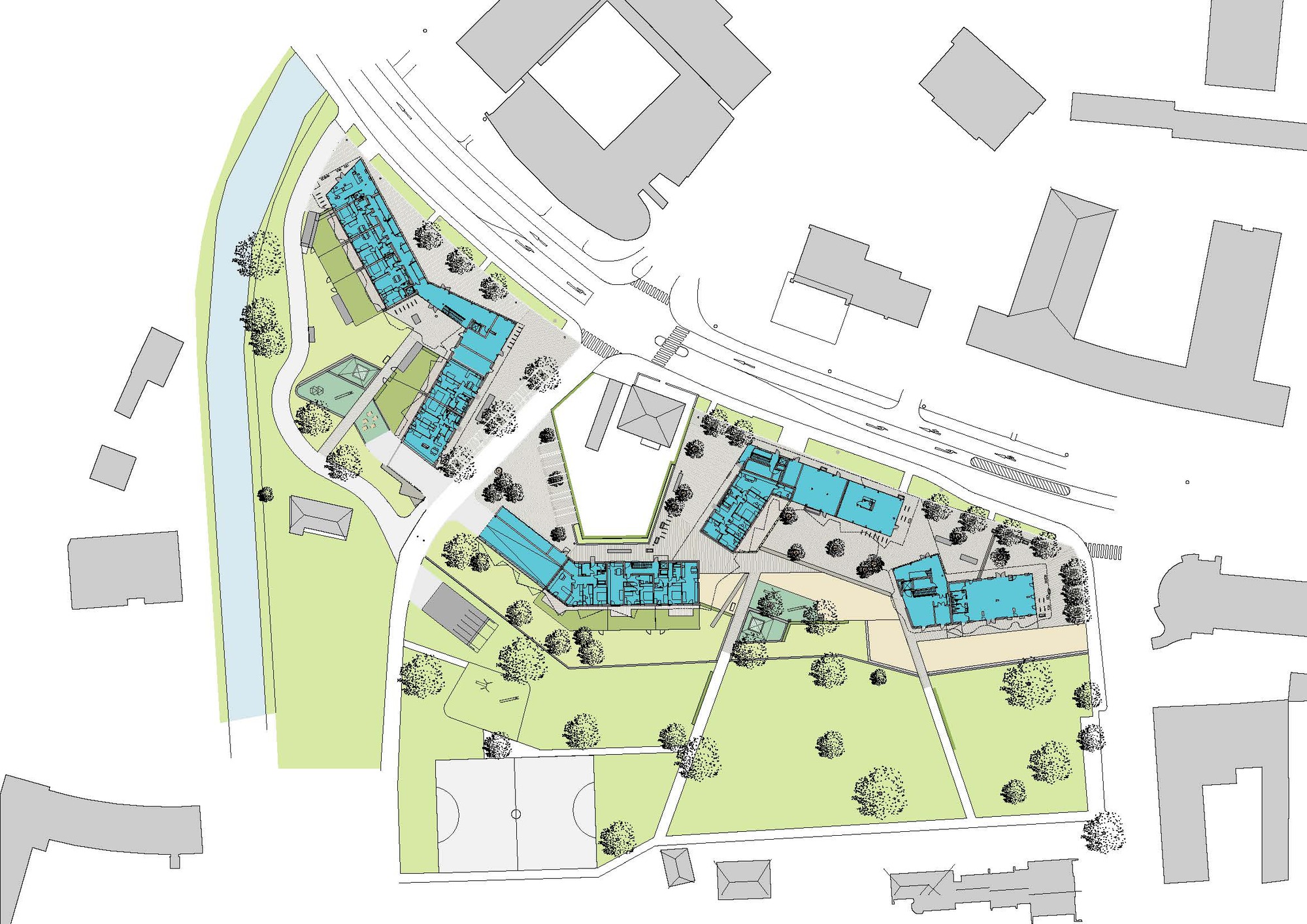 Site plan drawing indicating residential blocks in blue surrounding a central green space with trees