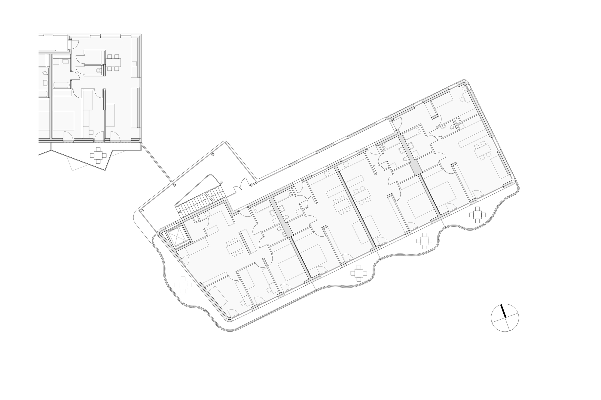 Floor plan drawing showing five residential units arranged in a linear sequence with balconies