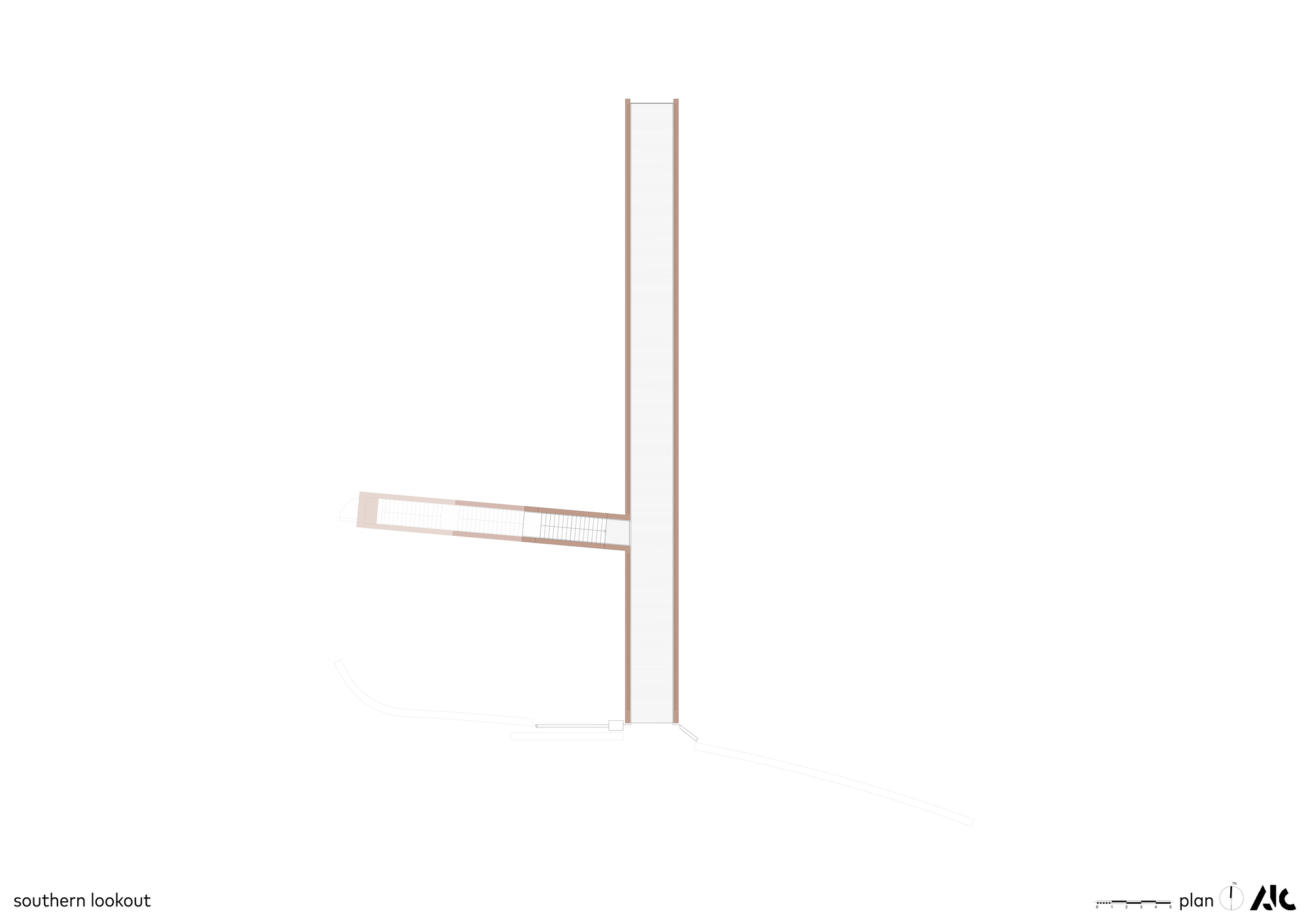 Elevation drawing showing the tall vertical tower connected to a horizontal cantilevered walkway element