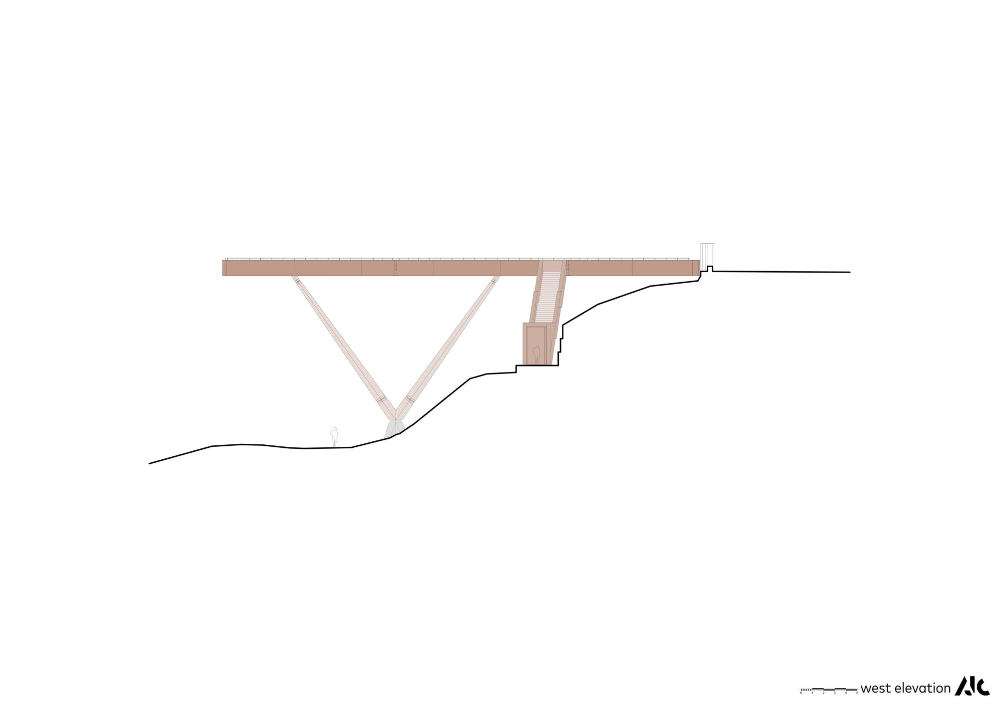 West elevation drawing illustrating the angled support structure anchored into sloping terrain