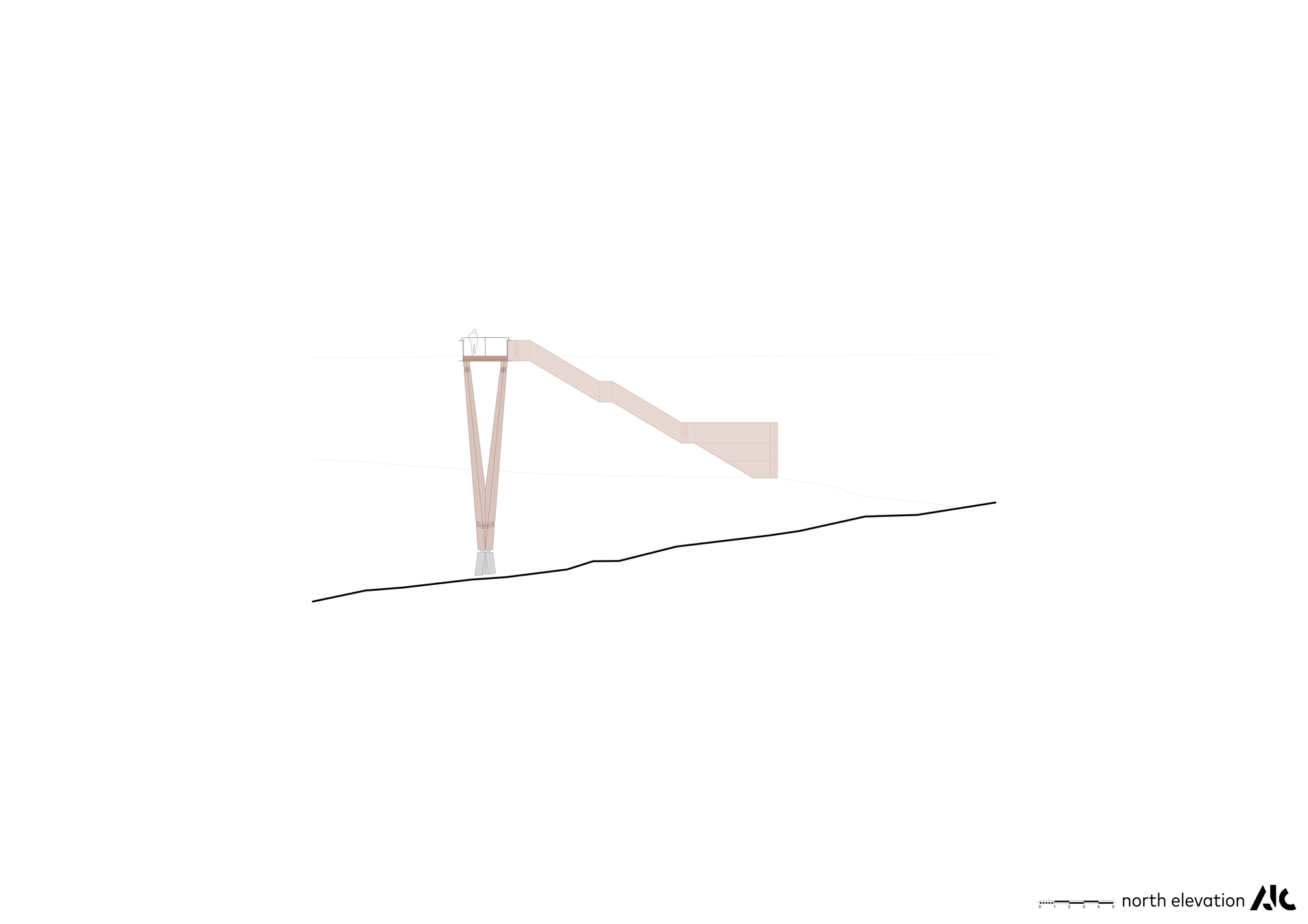 North elevation drawing showing a cantilevered platform extending from a tapered vertical support