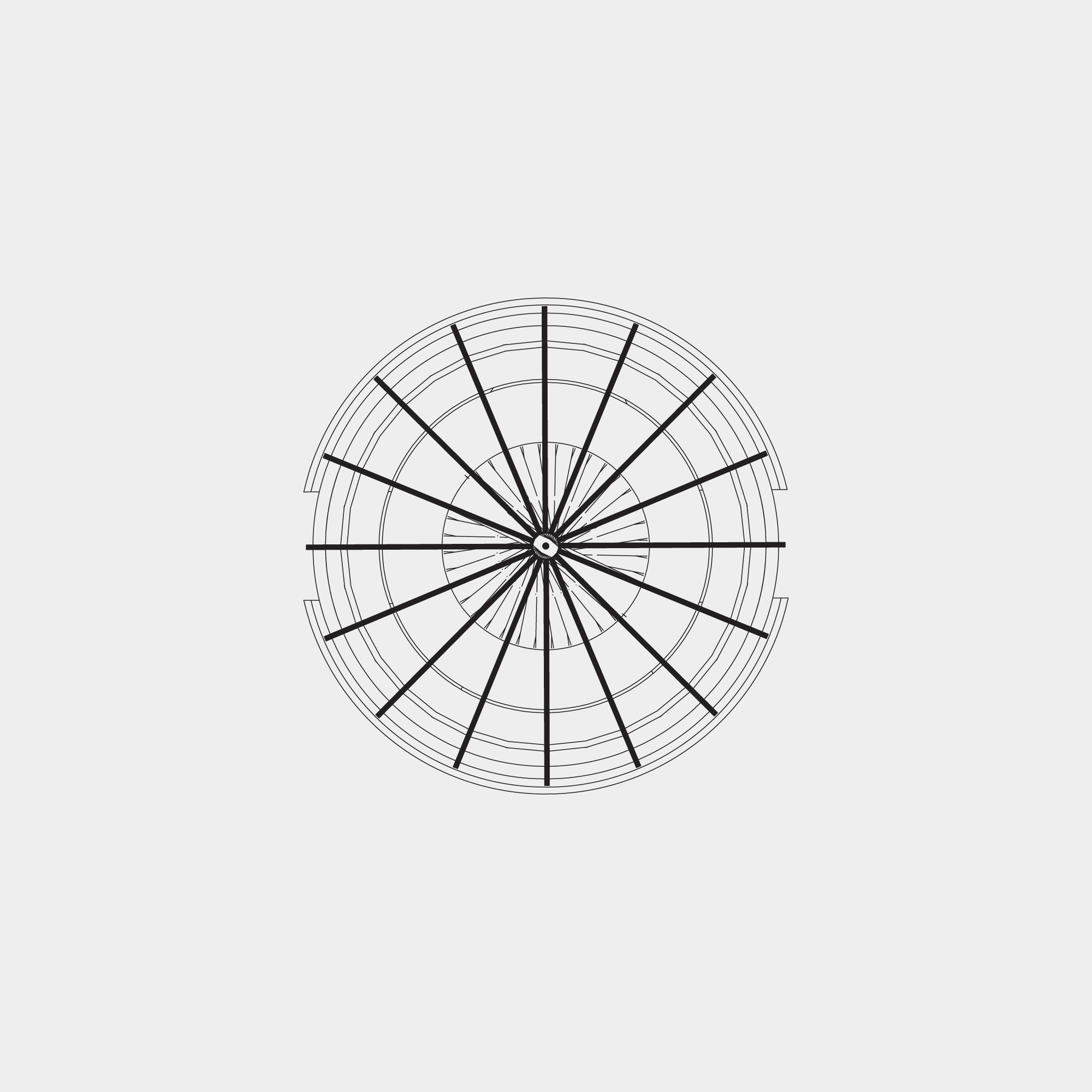 Floor plan drawing depicting a circular structure with radial beams extending from a central core