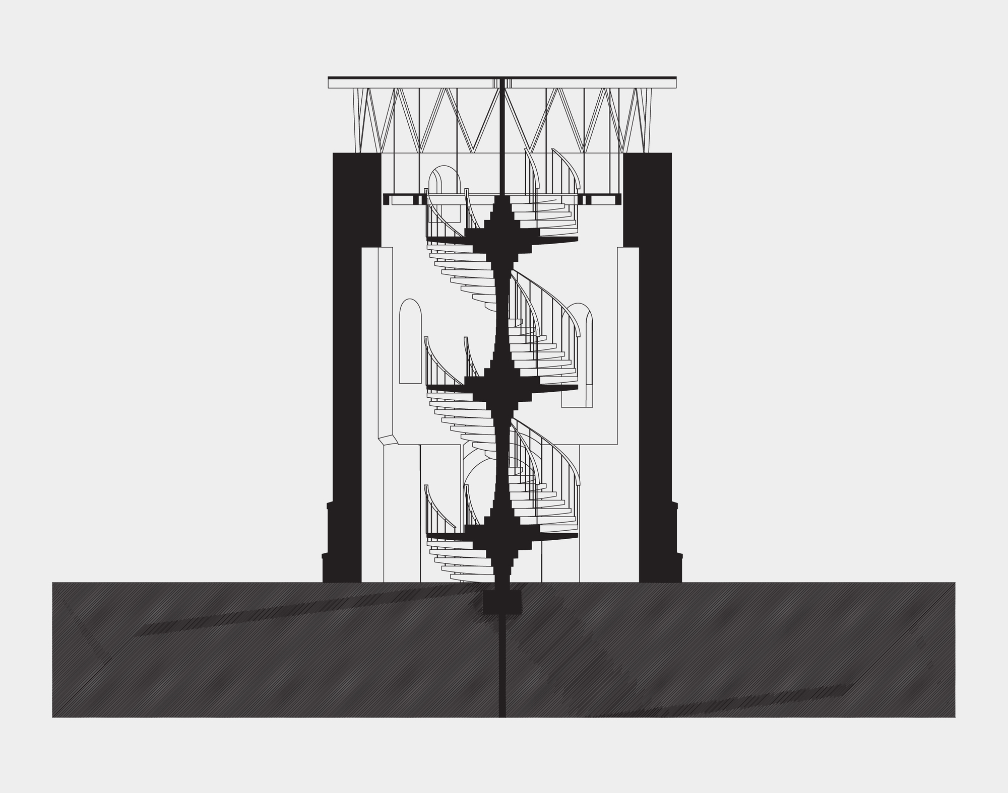 Section drawing showing a triple-helix staircase within a glazed volume topped by zigzag trusses