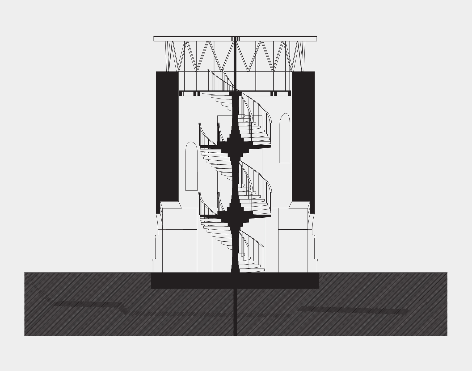 Section drawing revealing a spiral staircase rising through three levels beneath a trussed roof