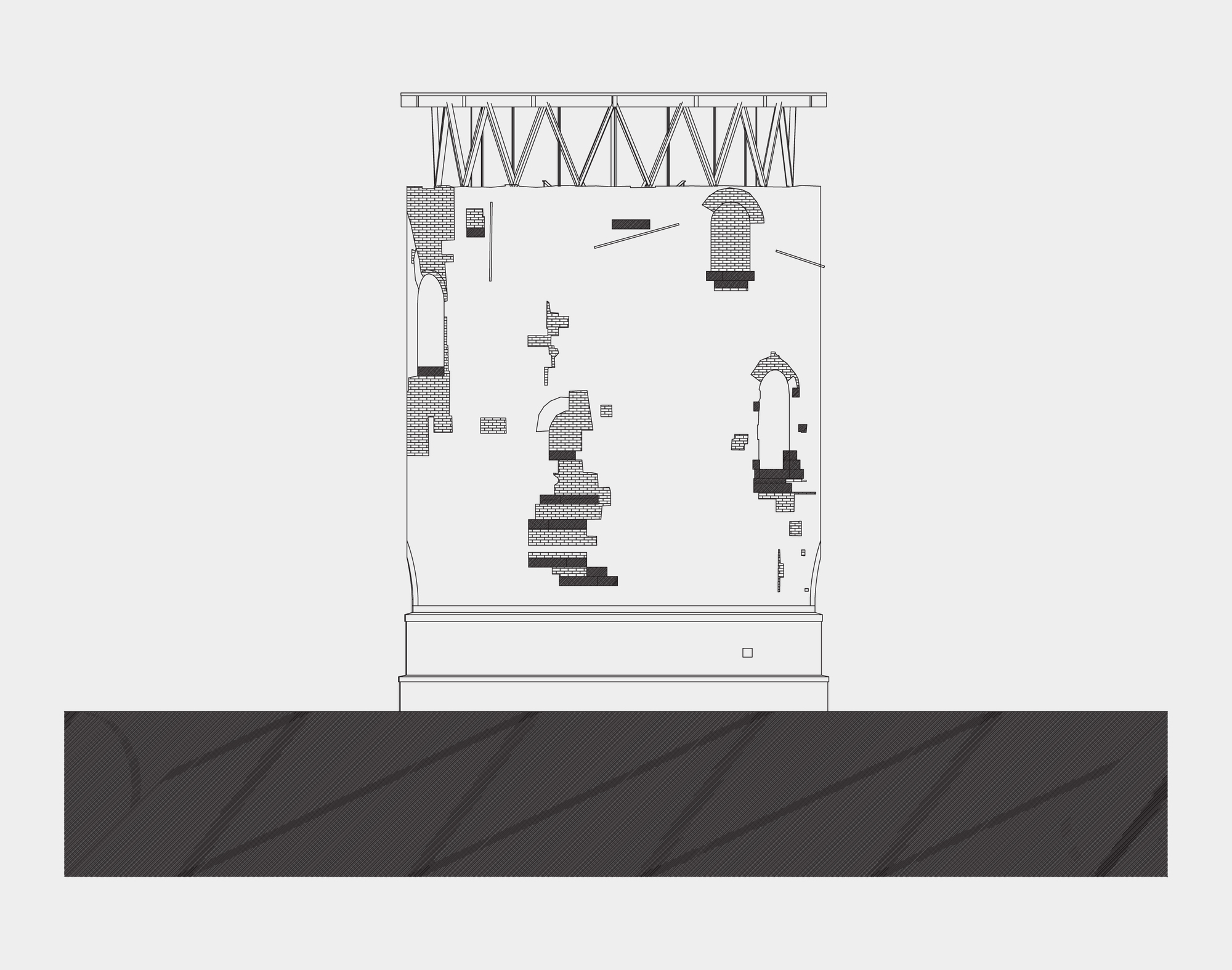 Section drawing illustrating staggered interior elements suspended within a transparent enclosure with structural trusses above
