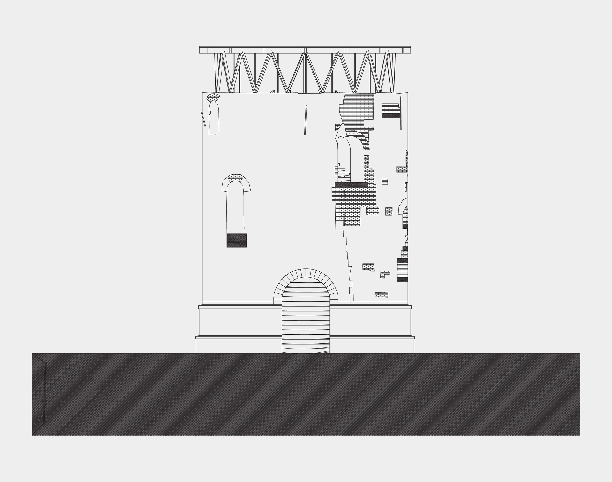 Section drawing revealing an arched staircase entrance and interior spatial configuration with suspended elements