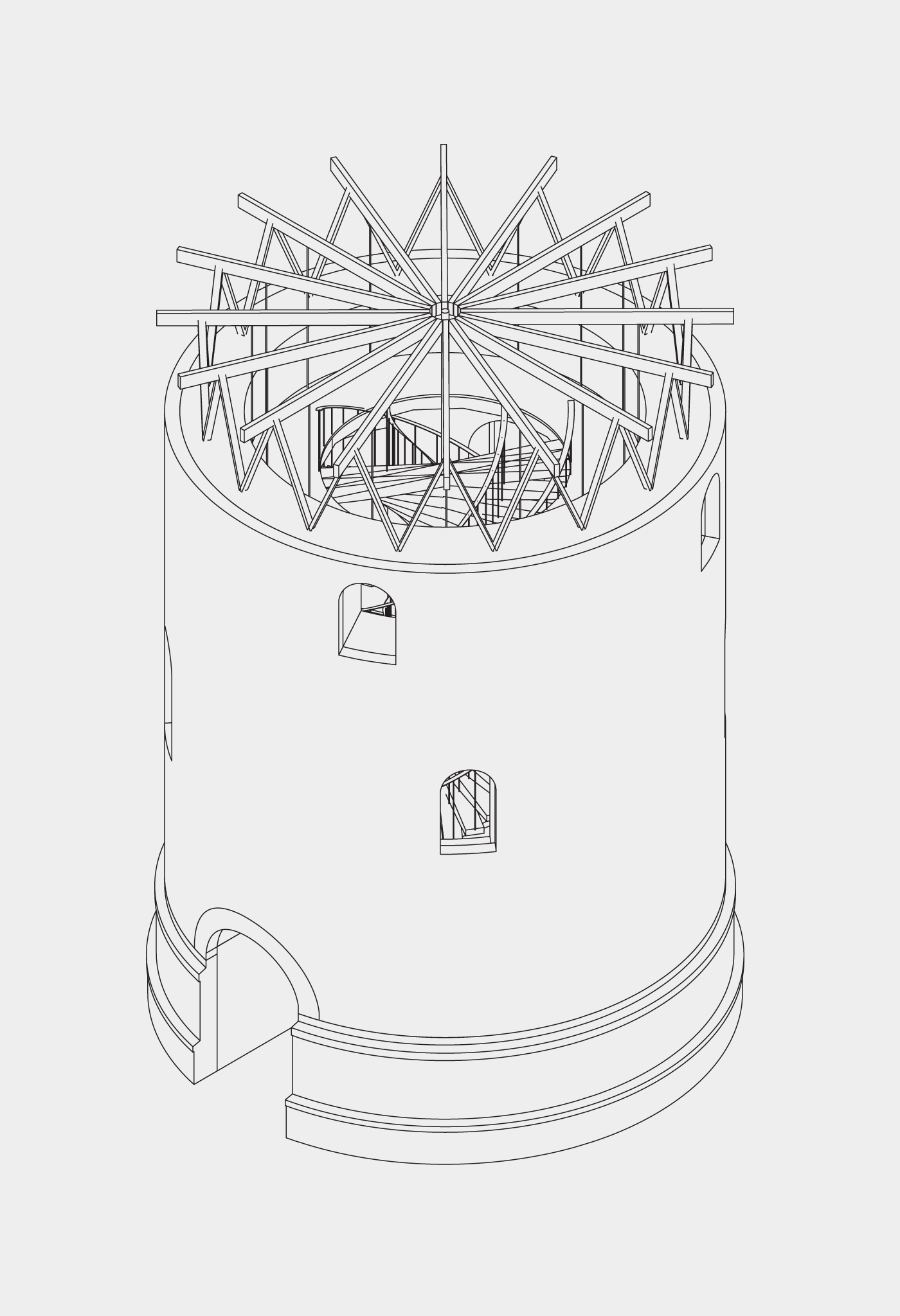 Axonometric drawing showing the exposed radial roof structure with triangulated timber trusses meeting at center