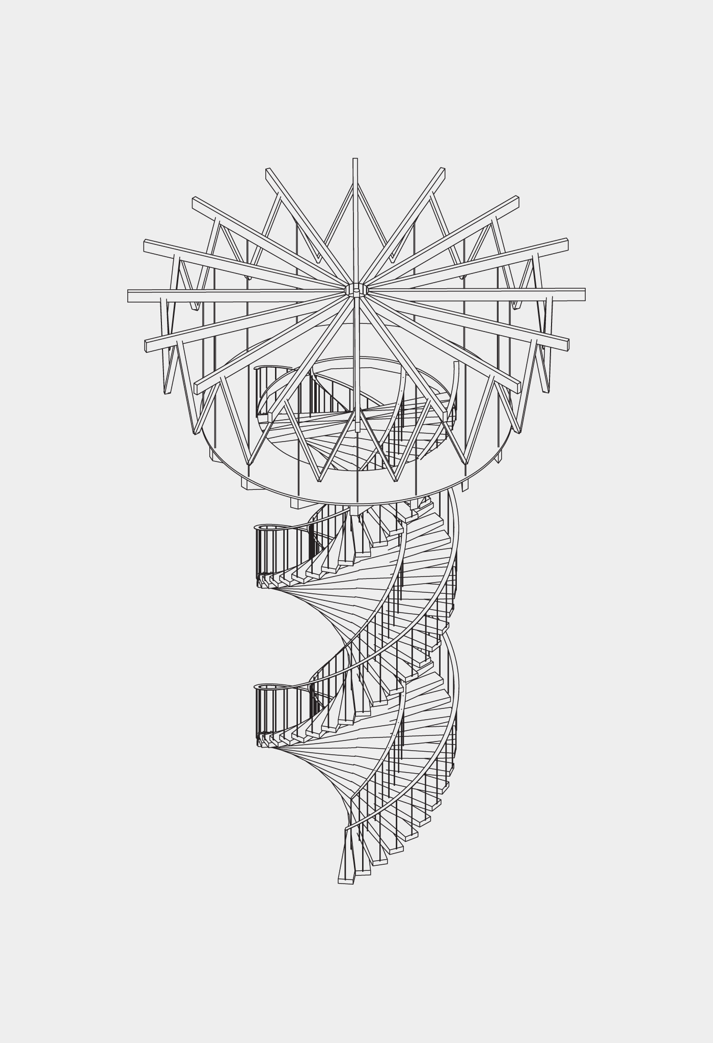 Isometric drawing isolating the helical staircase beneath the radiating timber roof structure