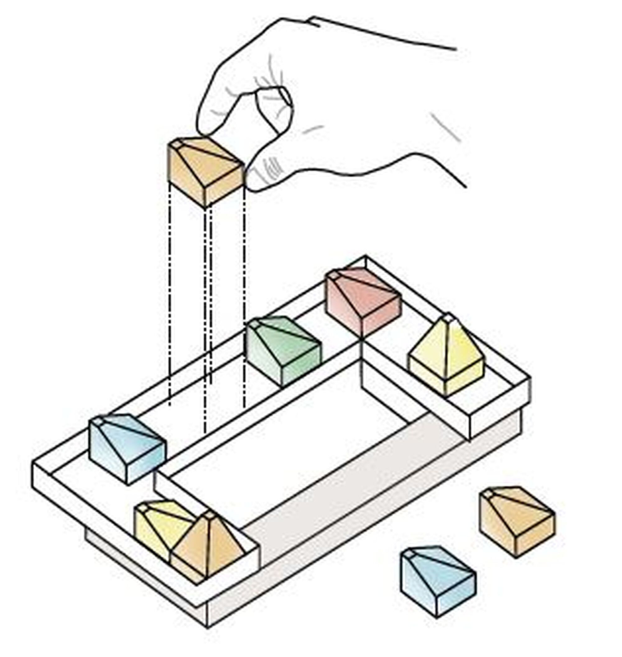 Isometric diagram showing hands placing colored block volumes onto a rectangular platform