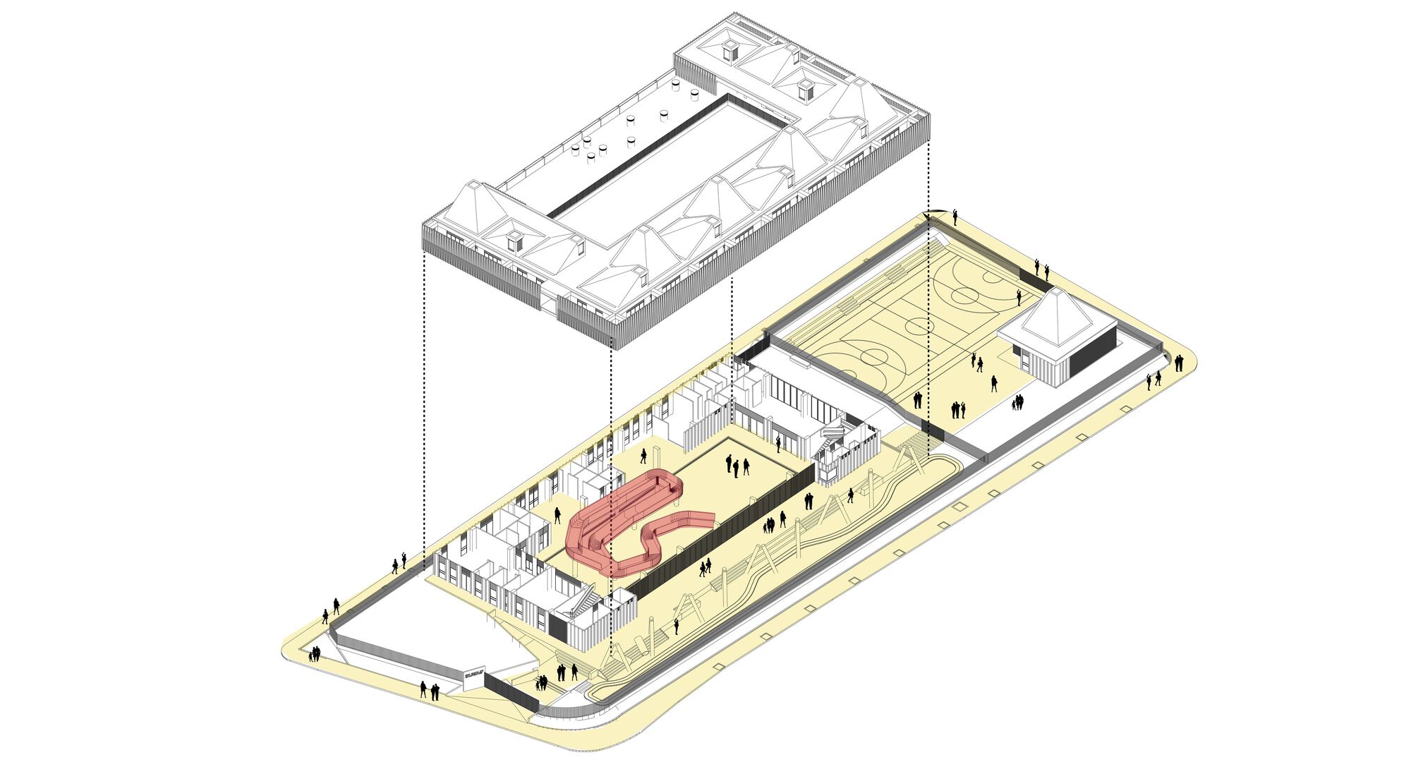 Exploded axonometric drawing showing roof and floor levels with central curving red element and figures