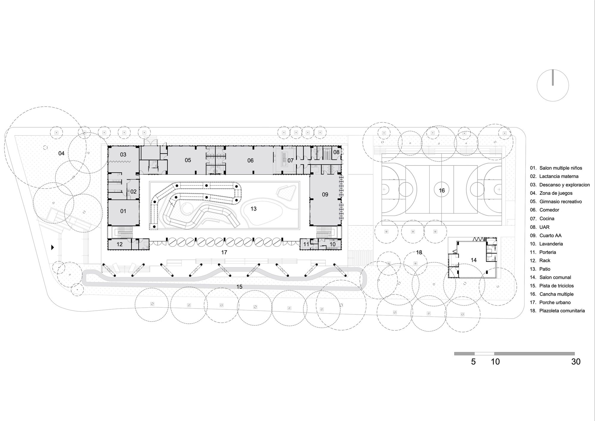 Ground floor plan showing U-shaped building with central courtyard, sports courts, and tree canopy circles