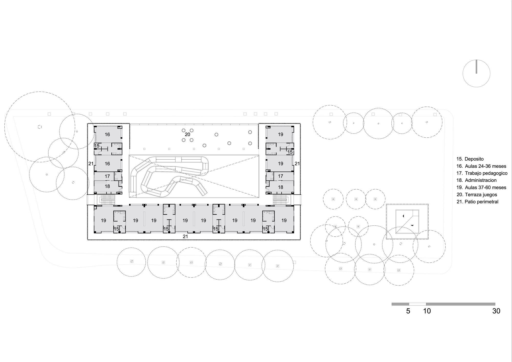 Upper floor plan drawing revealing open courtyard with curving paths and perimeter rooms flanking sports fields