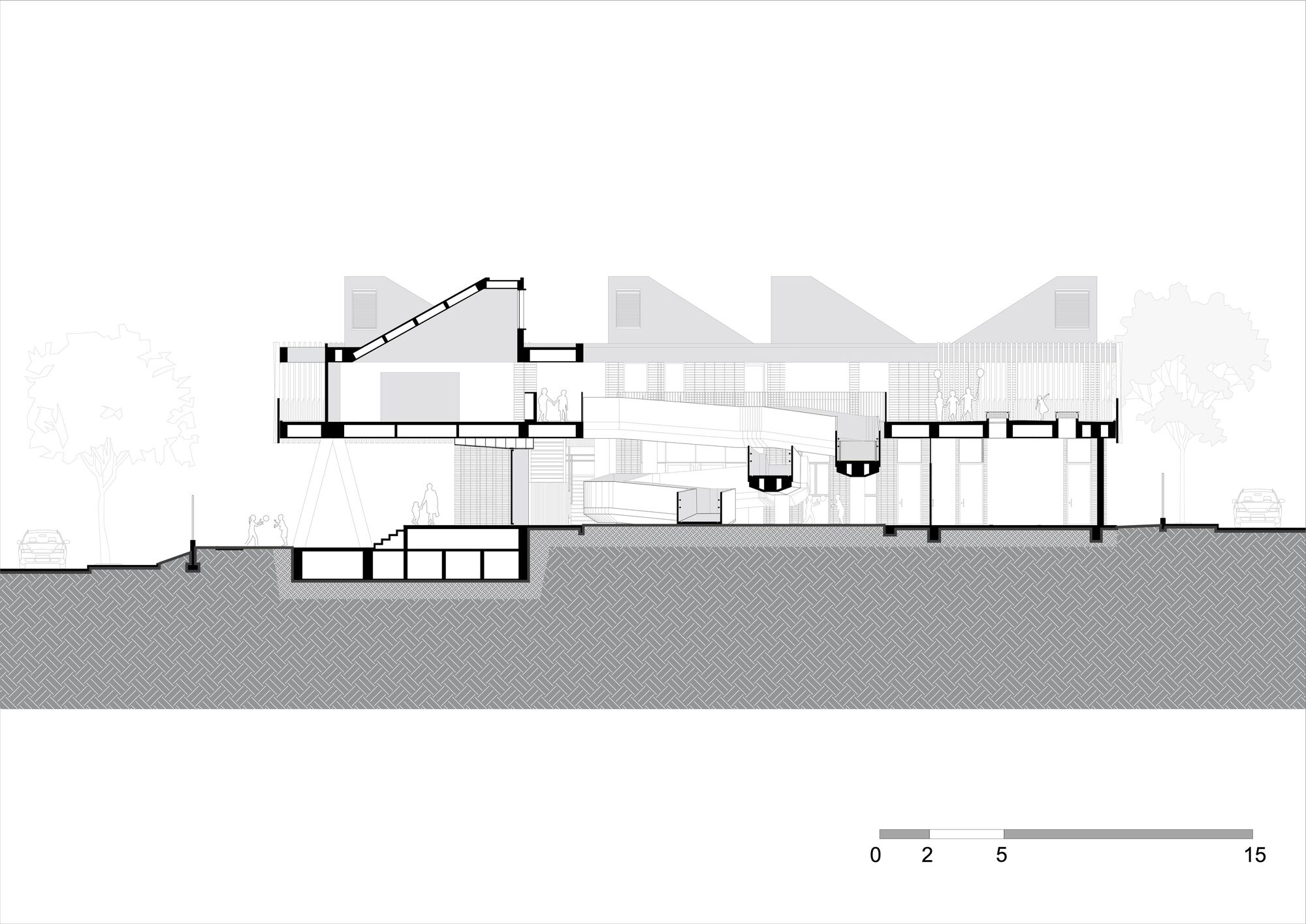 Section drawing depicting multiple levels with cascading terraces and four sculptural shell-like roof forms