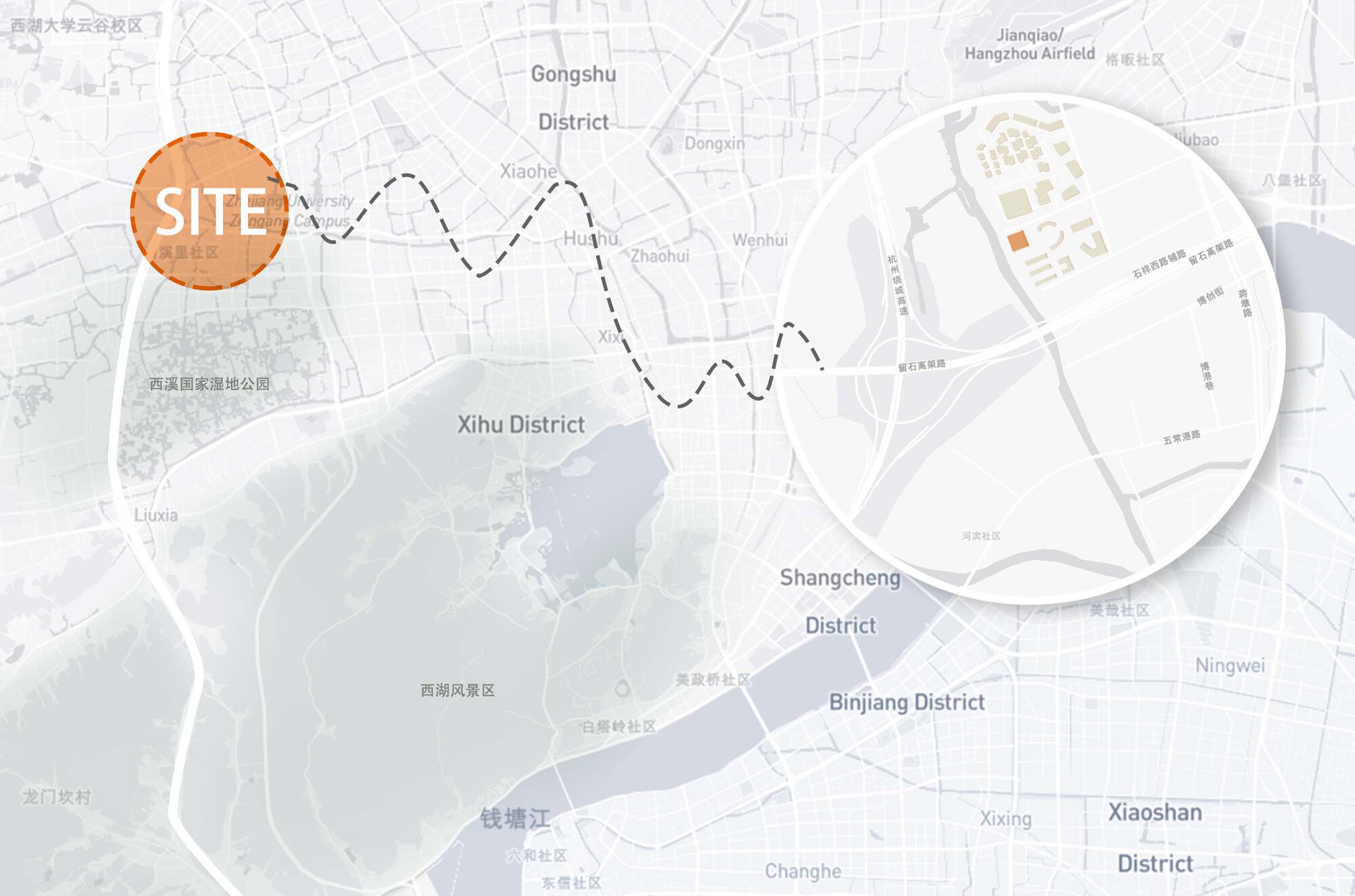Site map showing a curved dashed connection between two circled areas across district boundaries