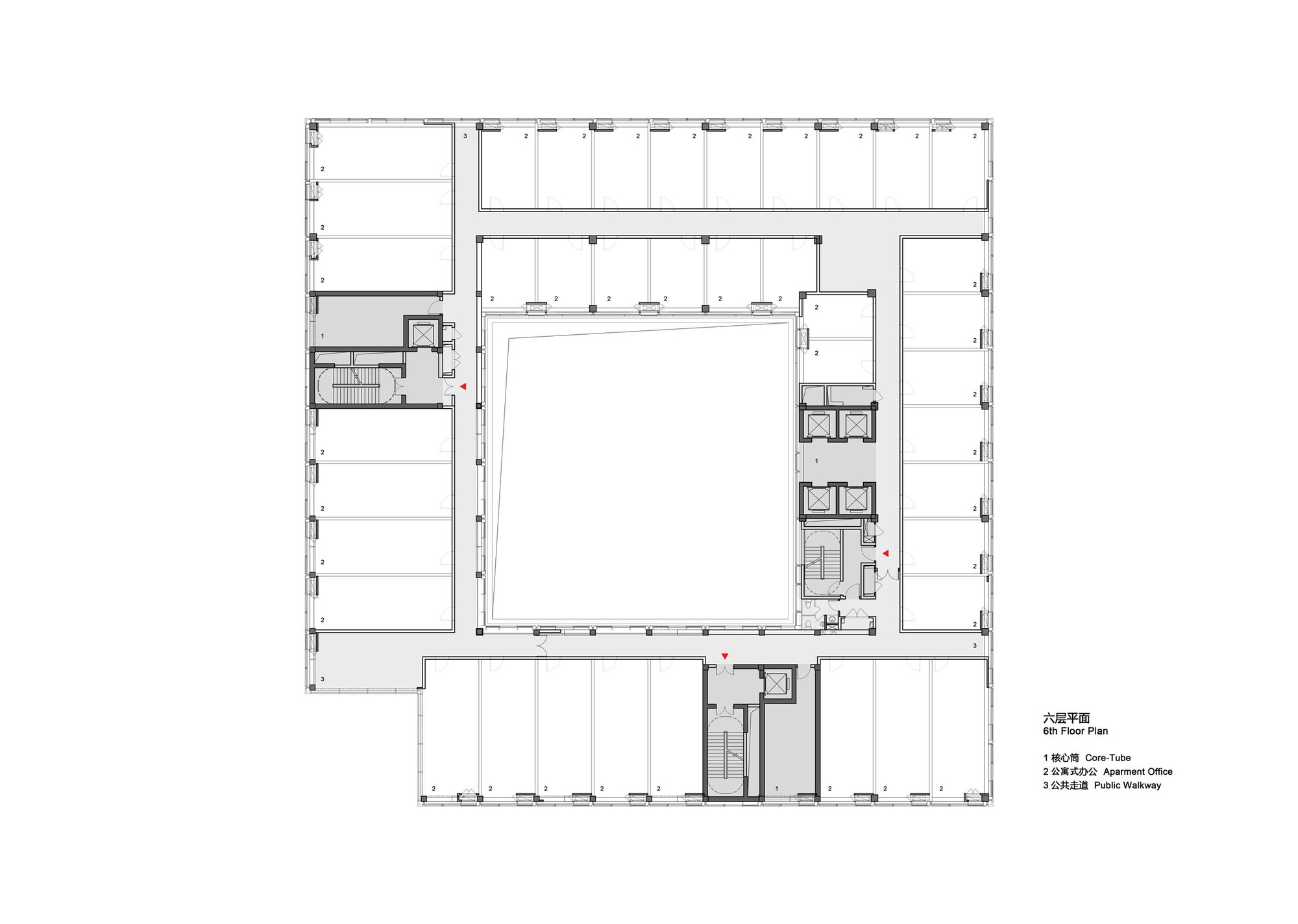 Fourth floor plan drawing showing squared perimeter with central courtyard and service cores along edges