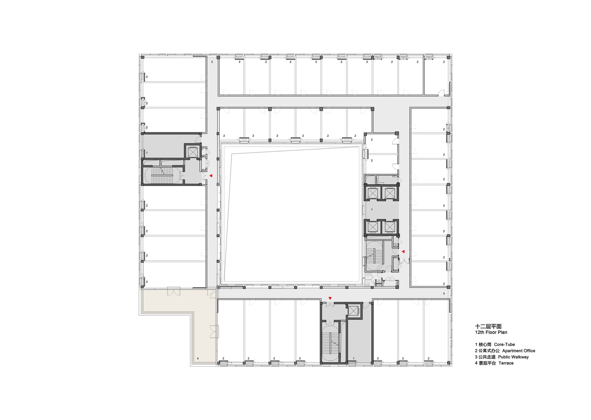 Twelfth floor plan drawing showing the building footprint with central courtyard and corner stair cores