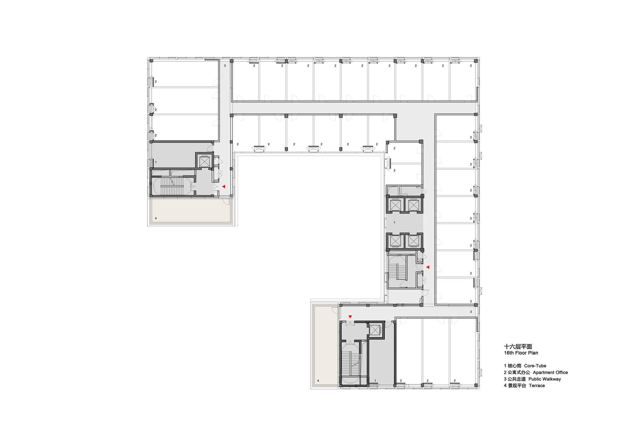 Sixteenth floor plan drawing showing reduced floor plate with two separated wings and central void
