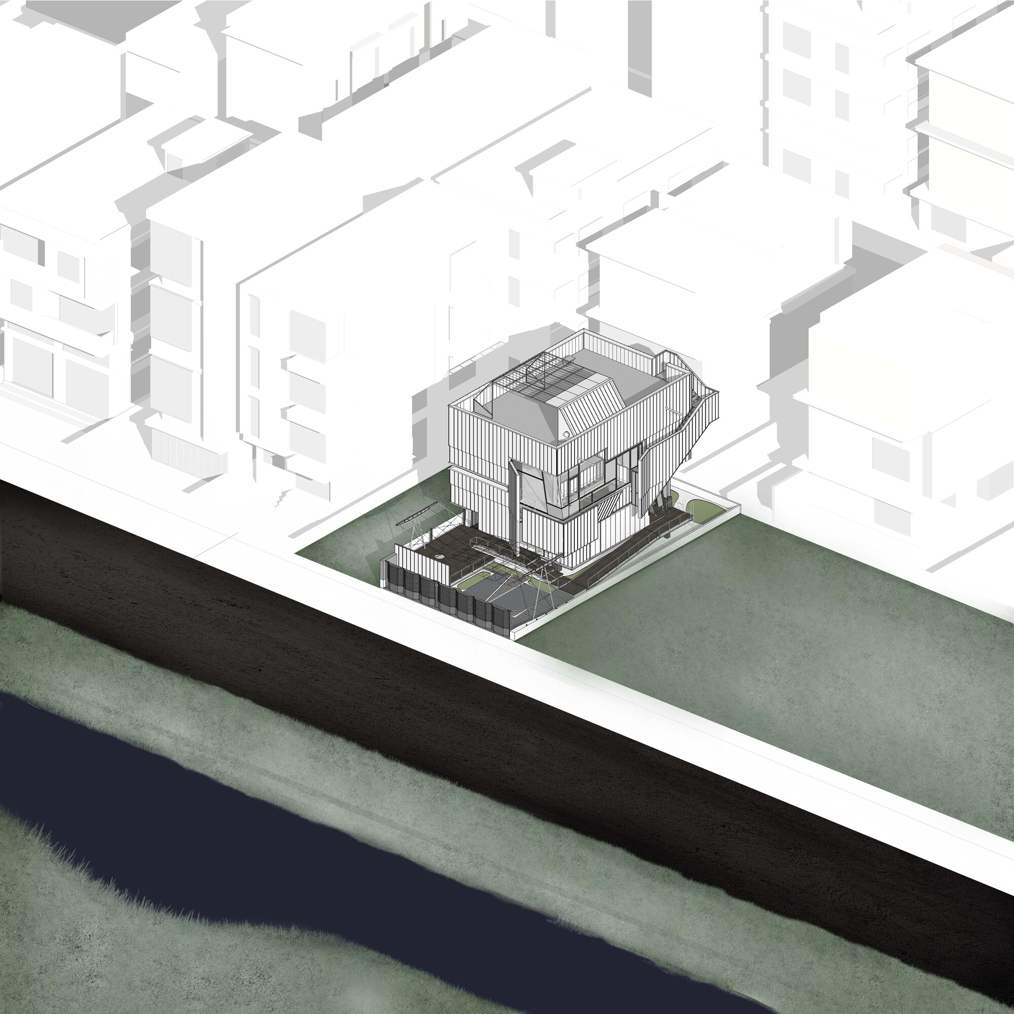 Axonometric site drawing placing the building within its waterfront and street context