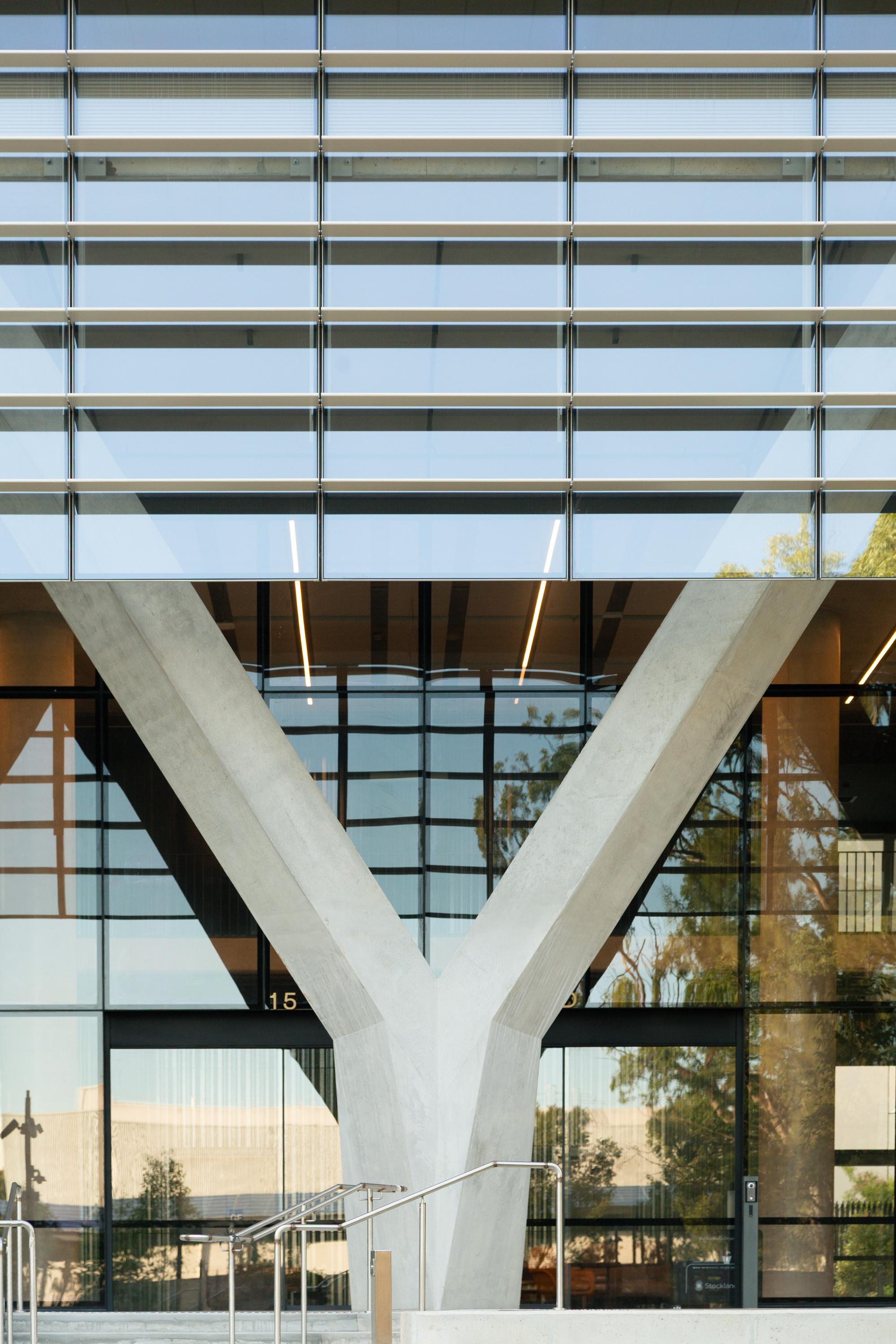 Branching concrete column supporting a cantilevered facade with horizontal sun shading louvers in afternoon light