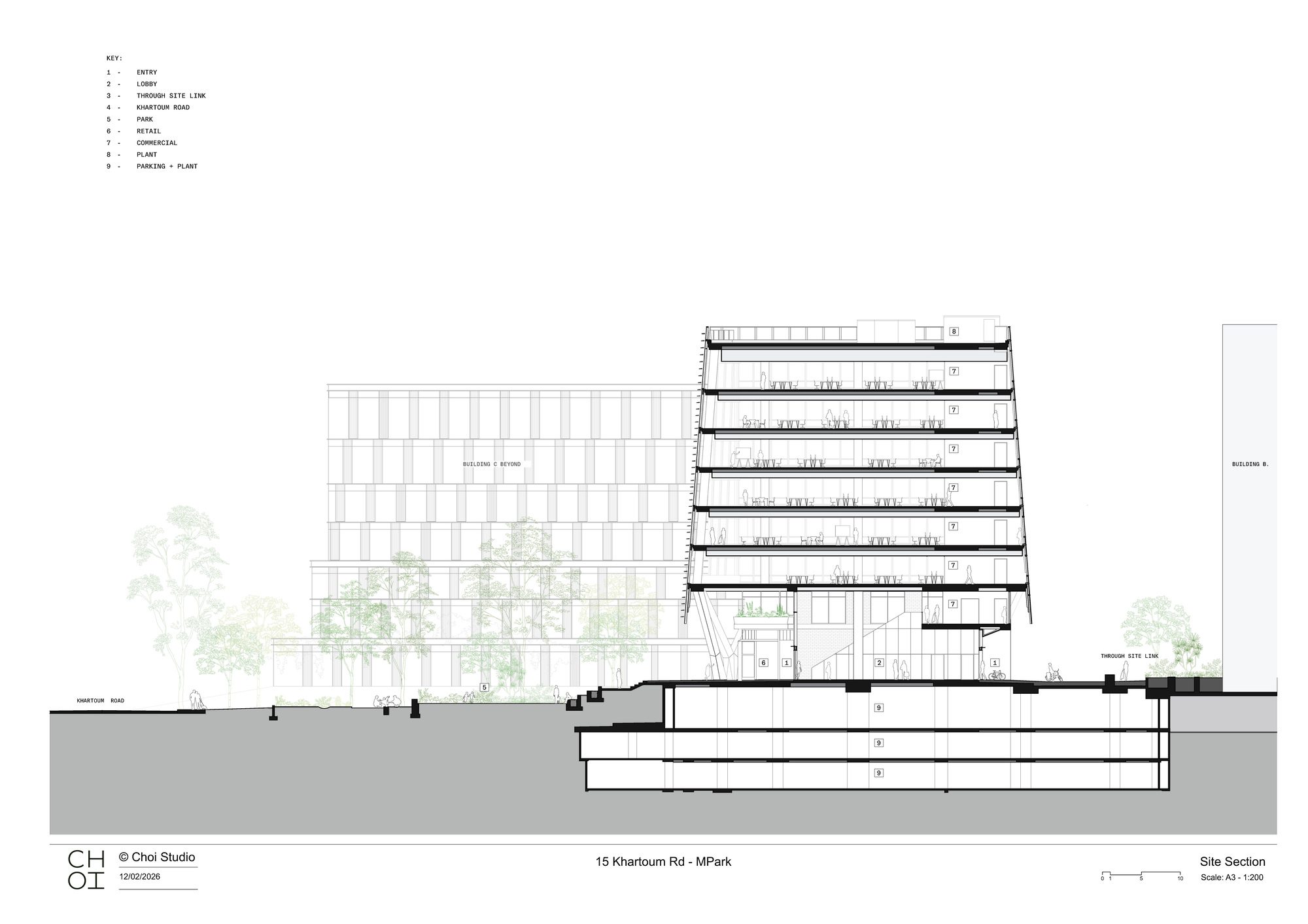 Section drawing showing basement parking levels below a tower with horizontal sun shading and green setbacks