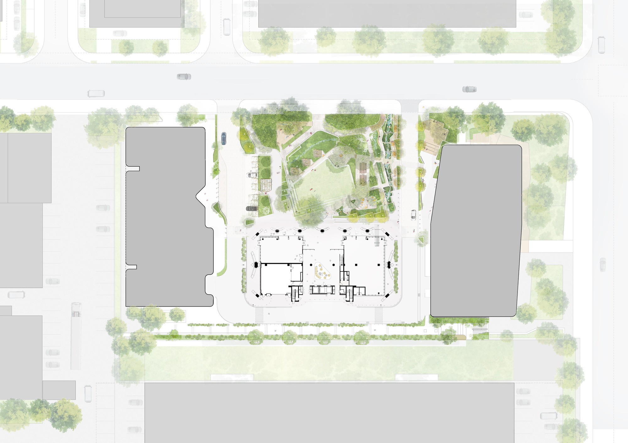 Site plan showing the ground floor footprint with diagonal pathways and landscaped zones between flanking buildings