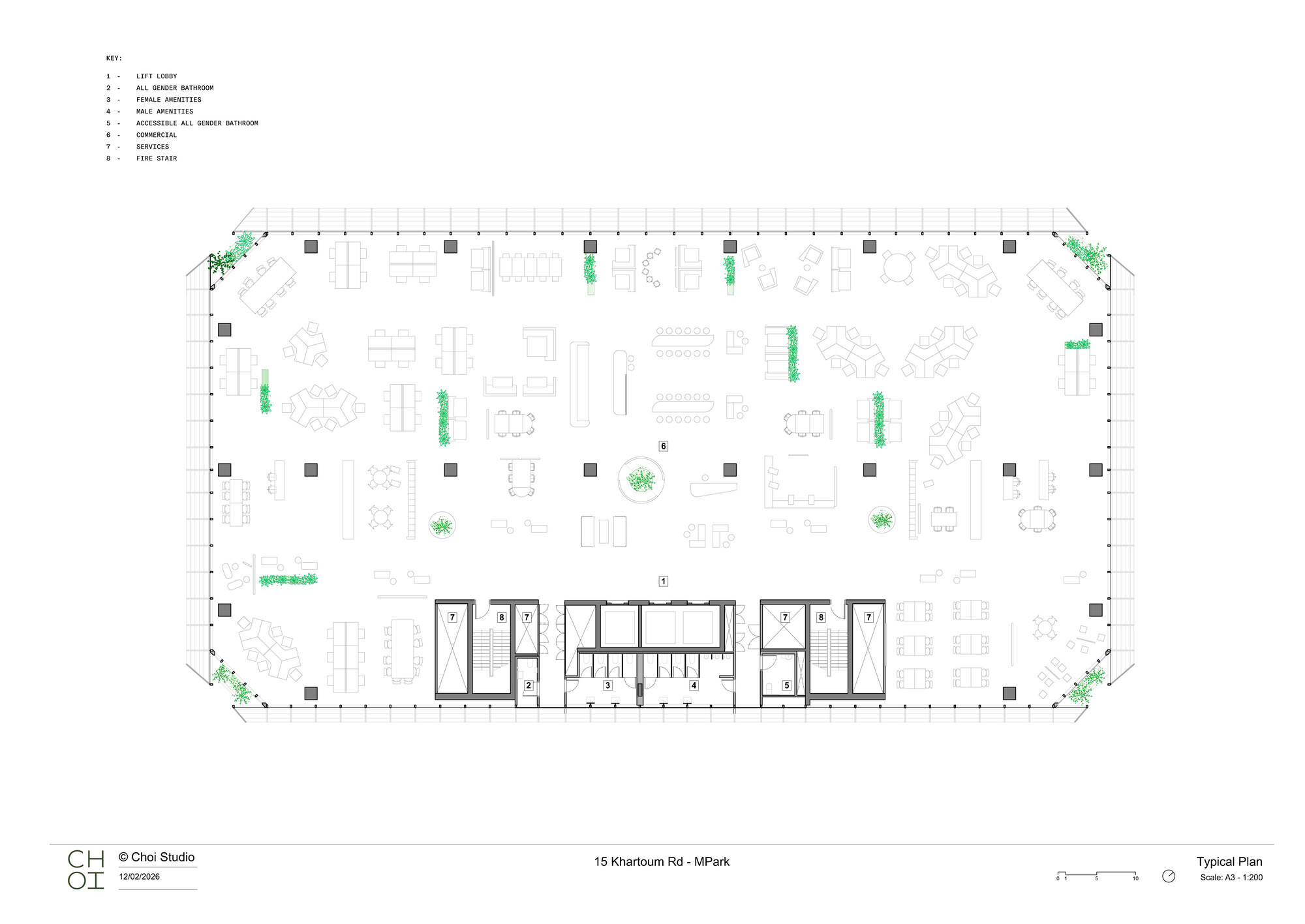 Typical floor plan with open office layout, central service core, structural columns and corner planters