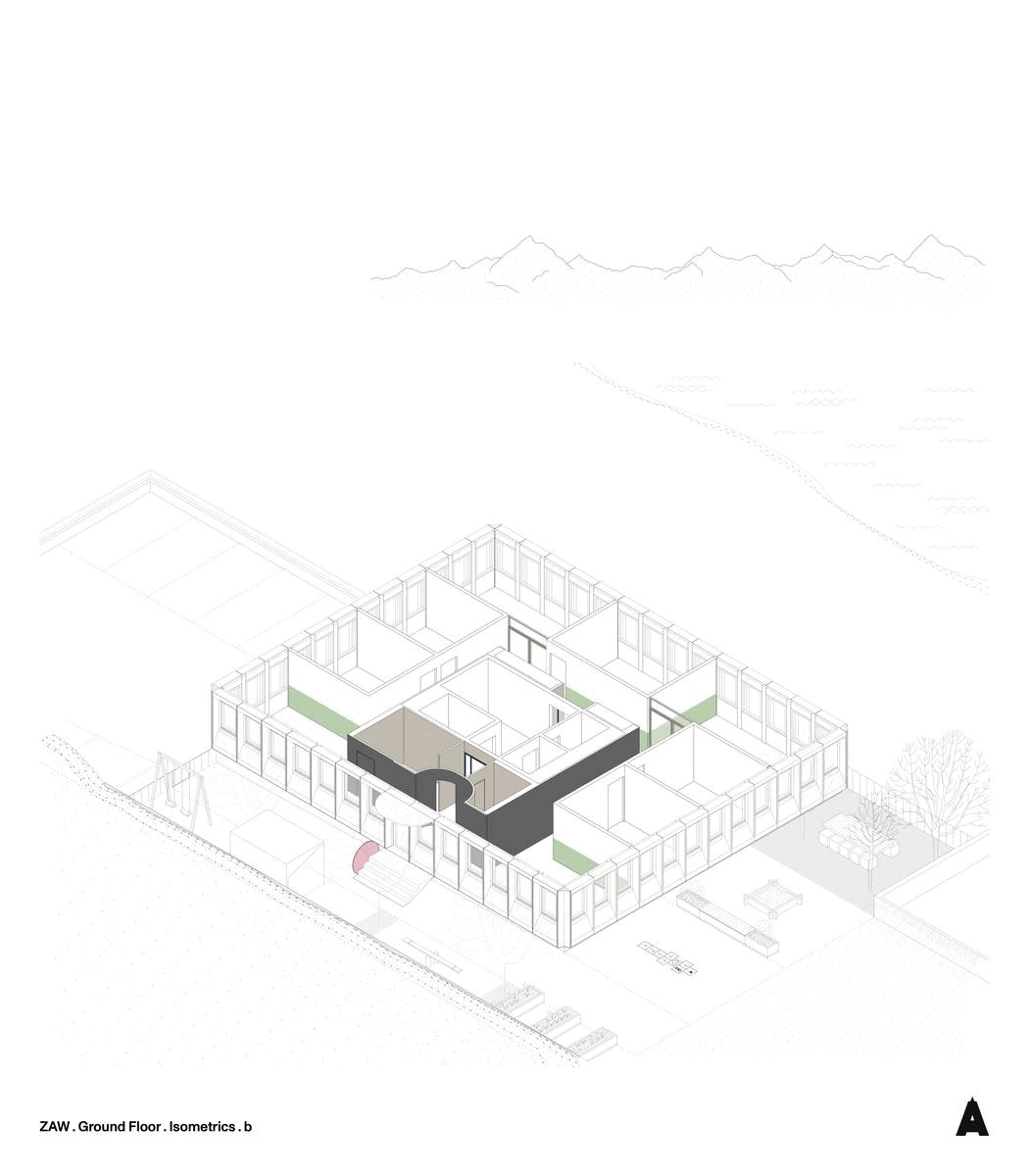 Isometric drawing showing ground floor layout with glazed perimeter, interior volumes, and mountain context