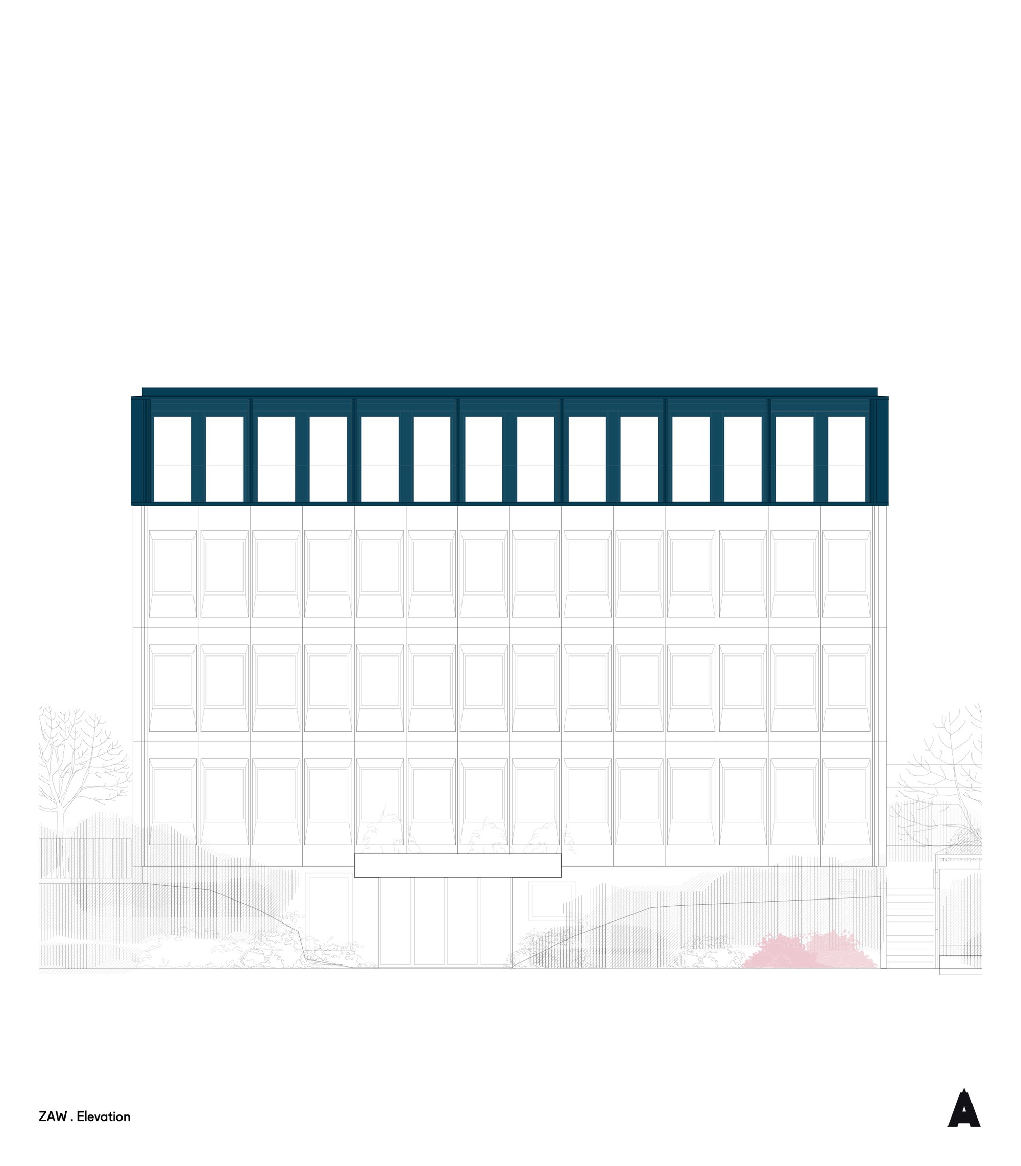 Elevation drawing showing four-storey glazed facade with dark horizontal band at roofline