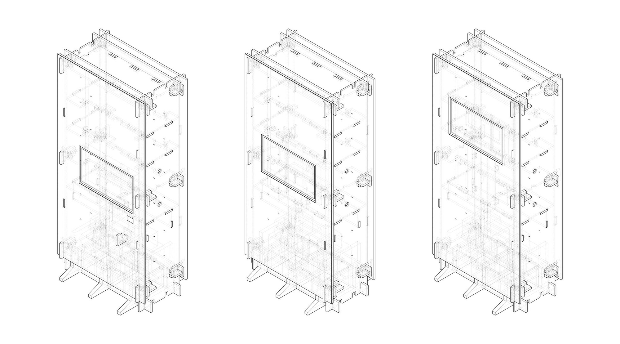 Isometric drawing showing three freestanding panel modules with rectangular openings and mounting brackets