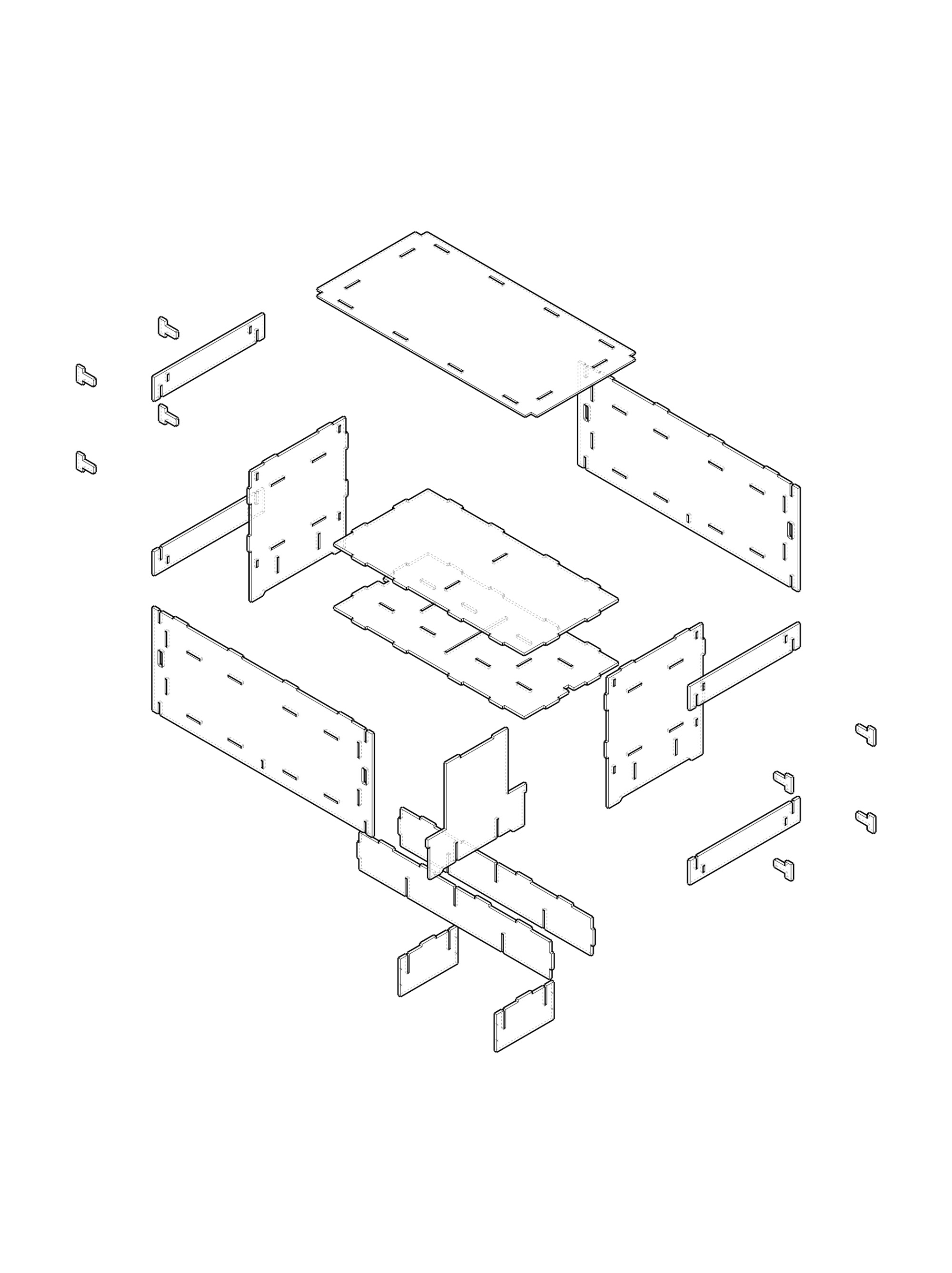 Exploded axonometric drawing revealing flat panel components and connection hardware in assembly sequence
