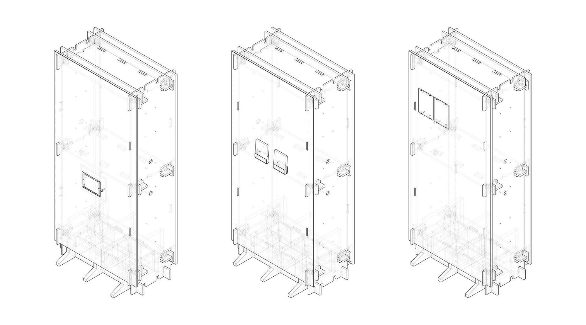Isometric drawing showing three panel configurations with varying window placements and support feet