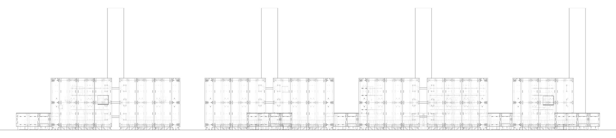 Elevation drawing showing four connected pavilion volumes with tall vertical towers and lower flanking wings