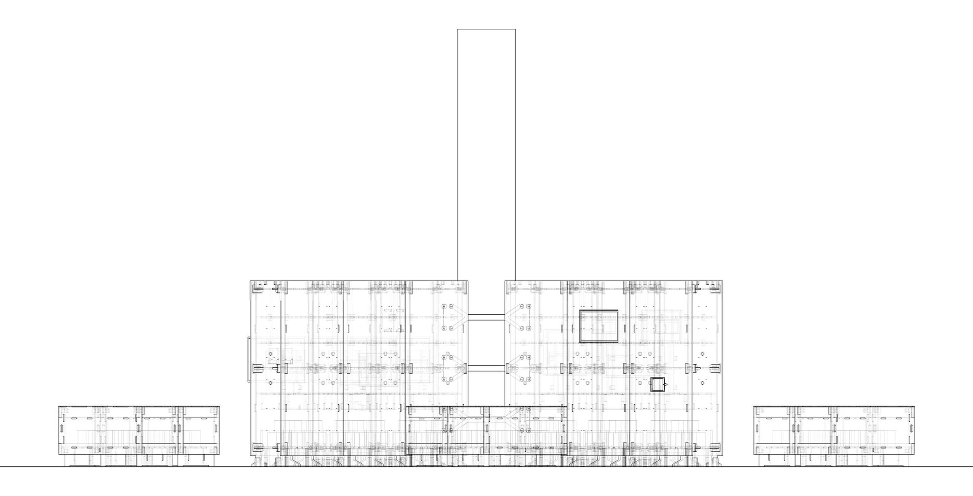 Elevation drawing depicting symmetrical building blocks with a central tower and smaller side structures