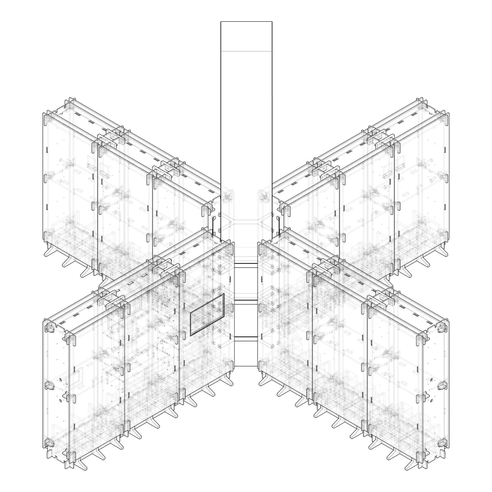 Axonometric drawing of a pinwheel-shaped structure with four radiating glazed wall sections around a central core