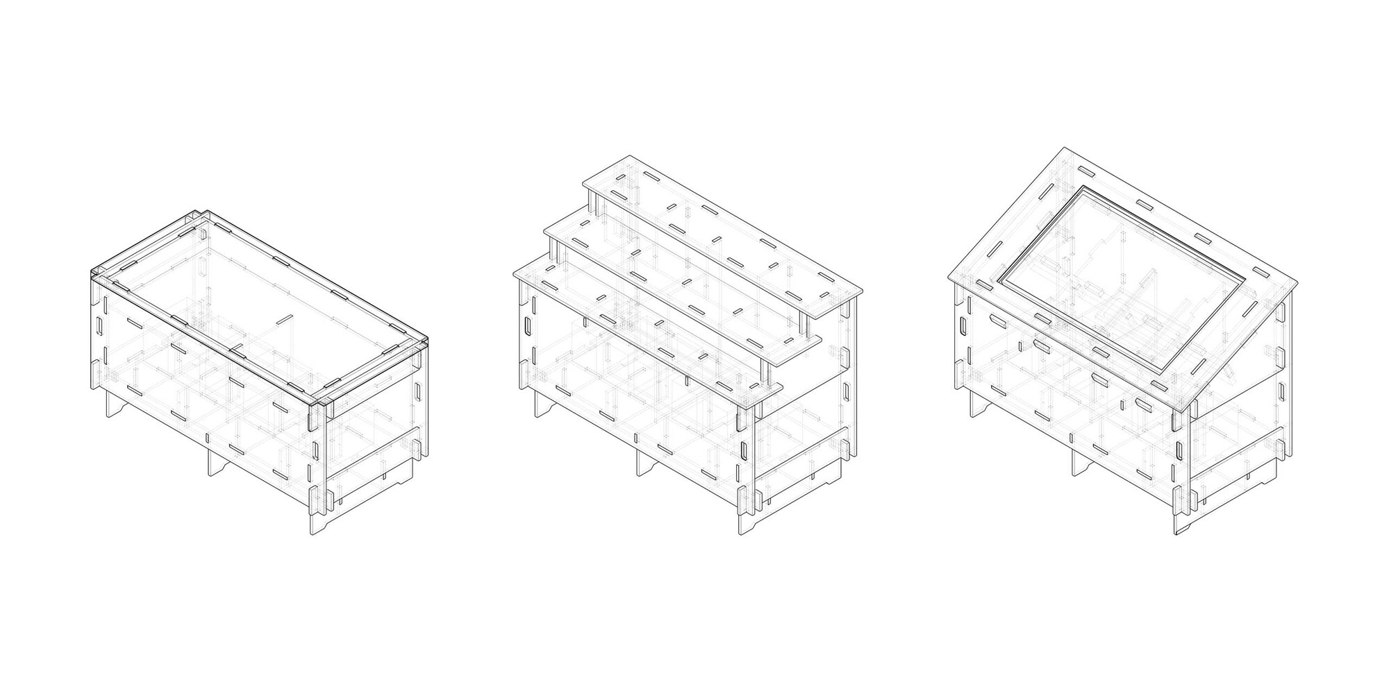 Isometric drawing showing three variations of rectangular timber-framed modules with different roof configurations