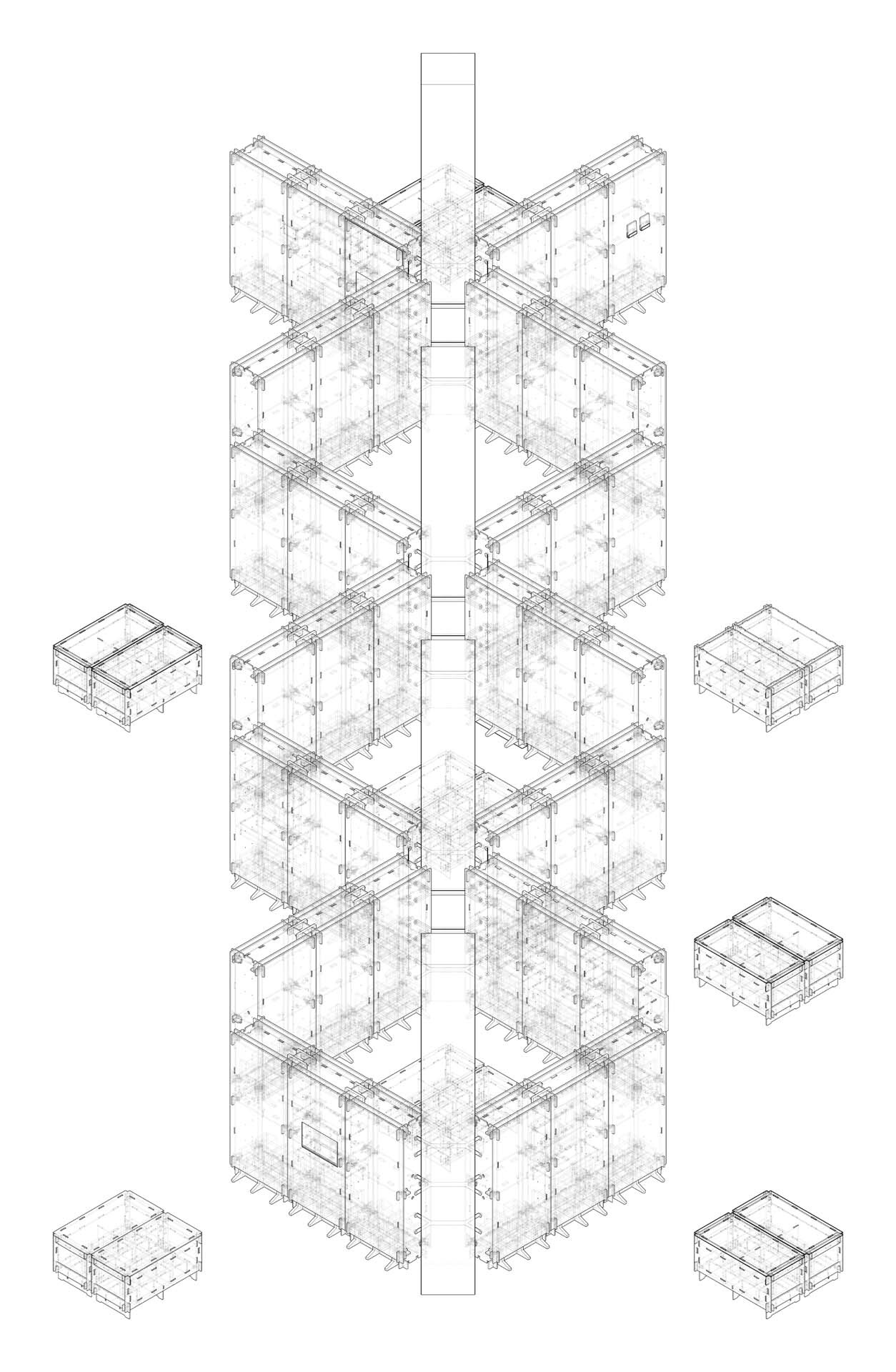 Axonometric drawing showing three stacked pinwheel modules along a vertical tower with surrounding corner volumes