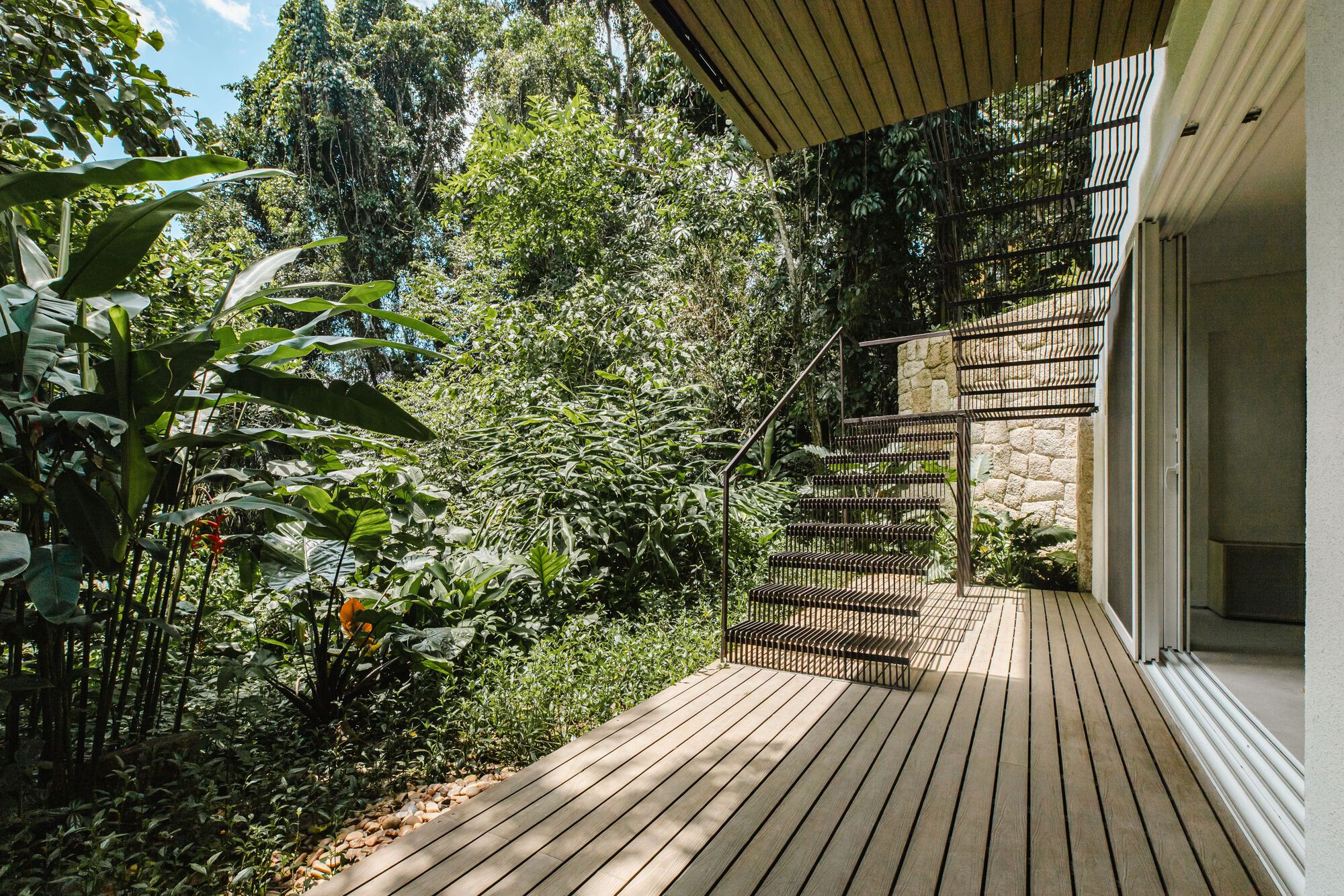 Timber deck with perforated metal staircase rising into dense tropical foliage and banana plants