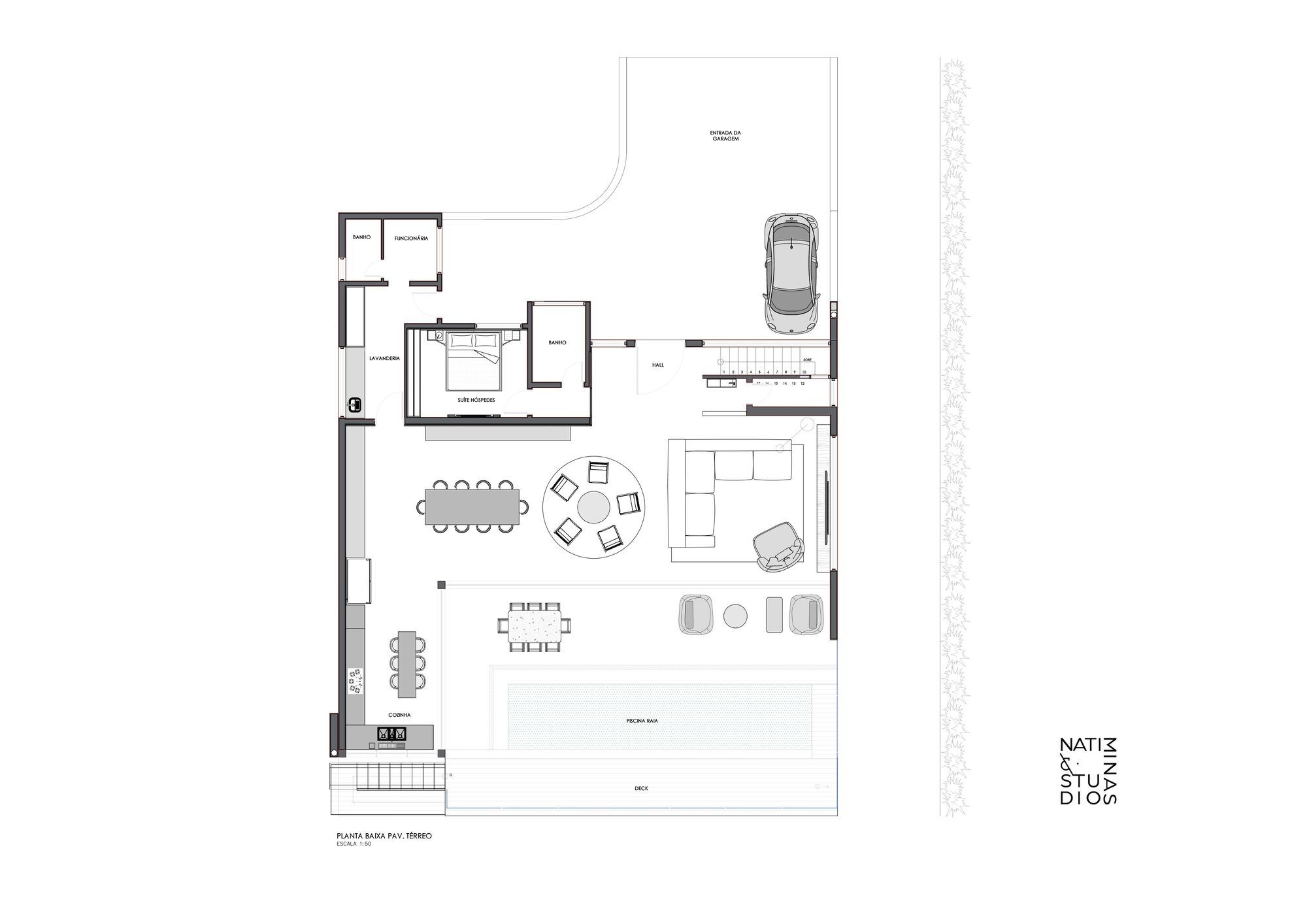 Ground floor plan drawing indicating open living areas, garage and outdoor terrace
