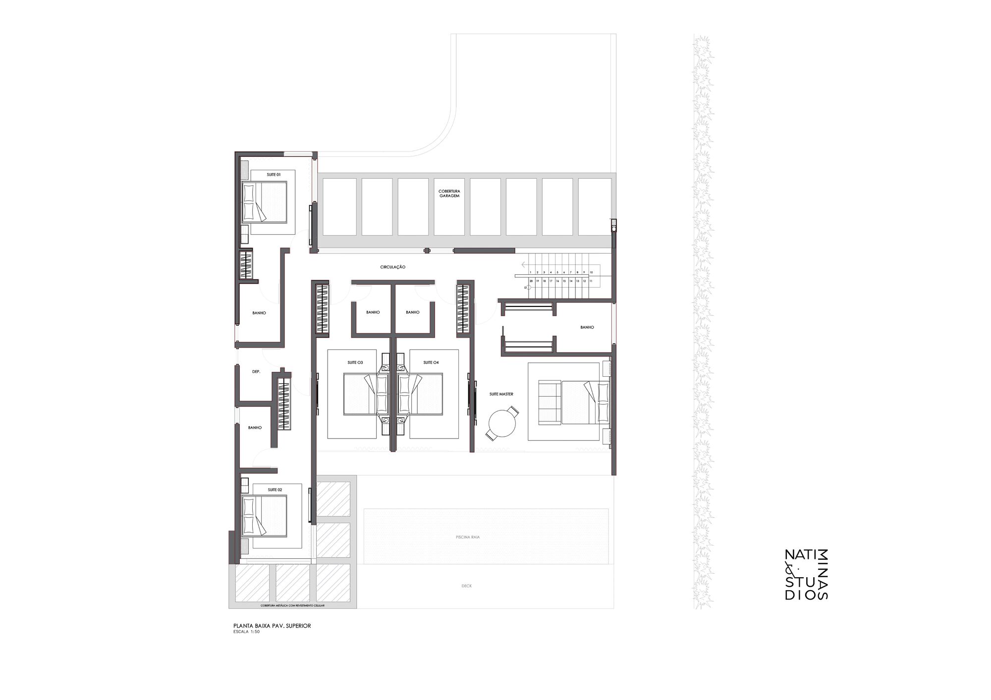 Upper floor plan drawing showing bedrooms, bathrooms, and stairwell with furniture layout indicated