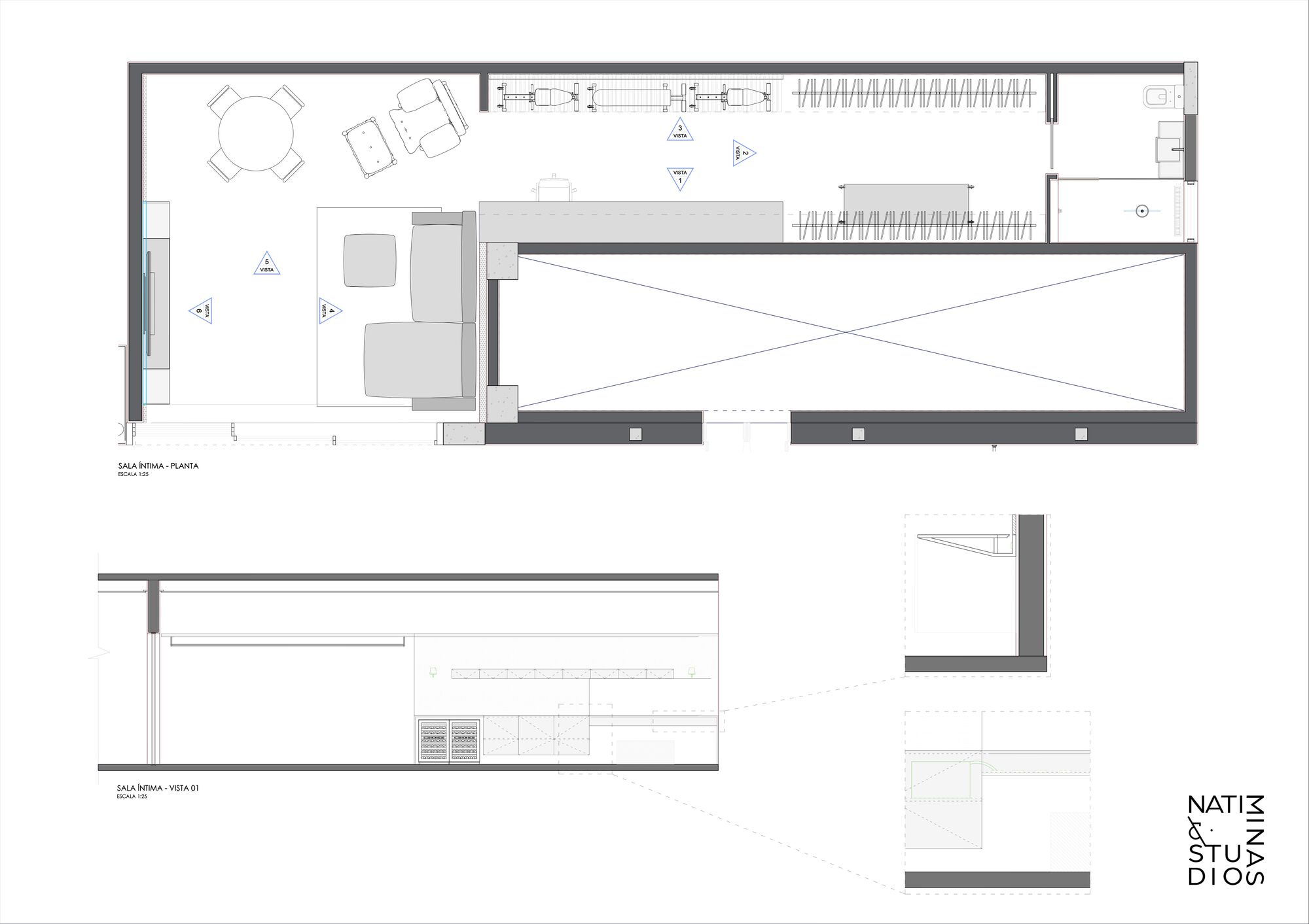 Ground floor plan and elevation drawings showing open living areas with pool and storage volumes