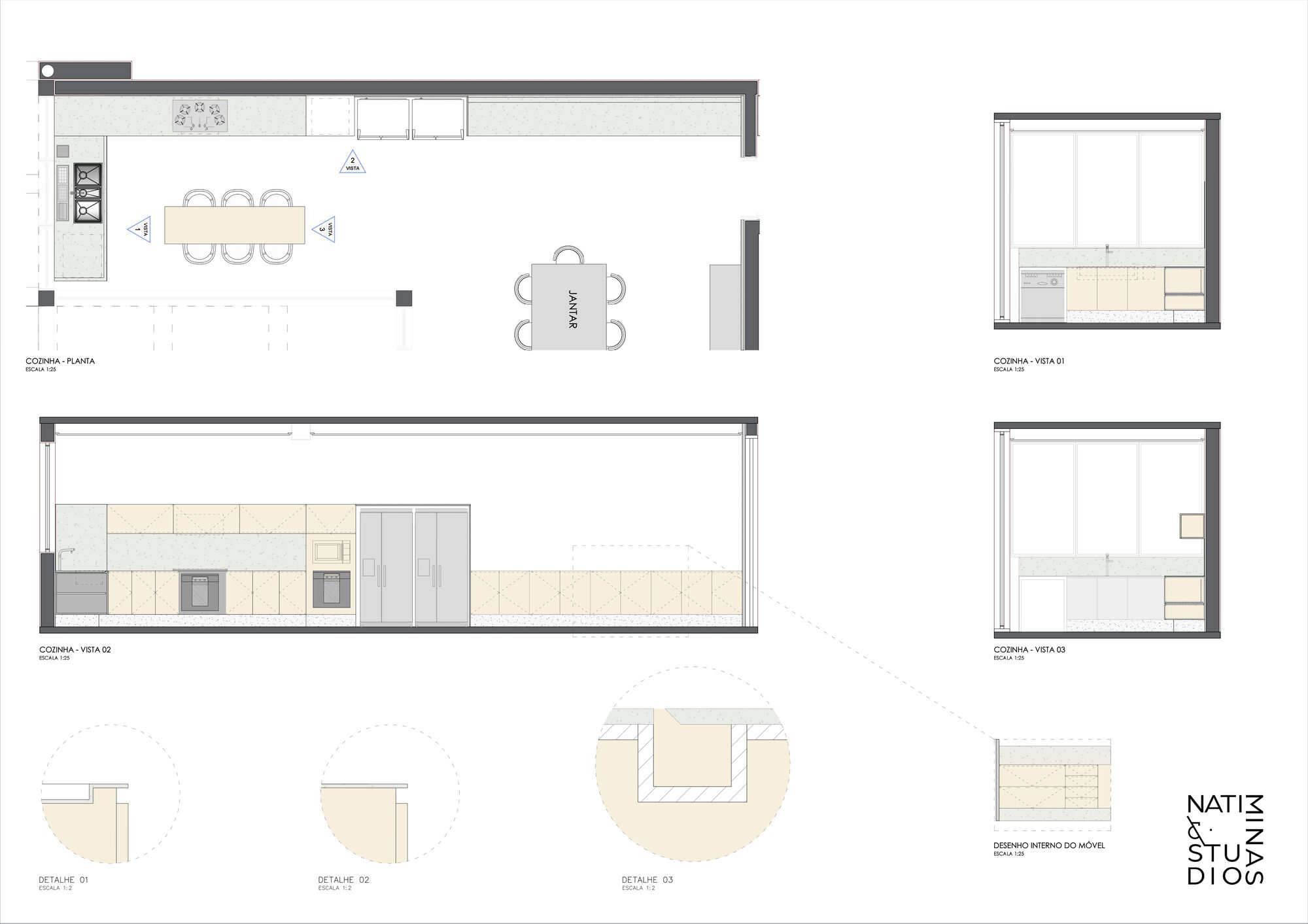 Kitchen plan and elevation drawings with material indications and detail sections of wood and tile finishes