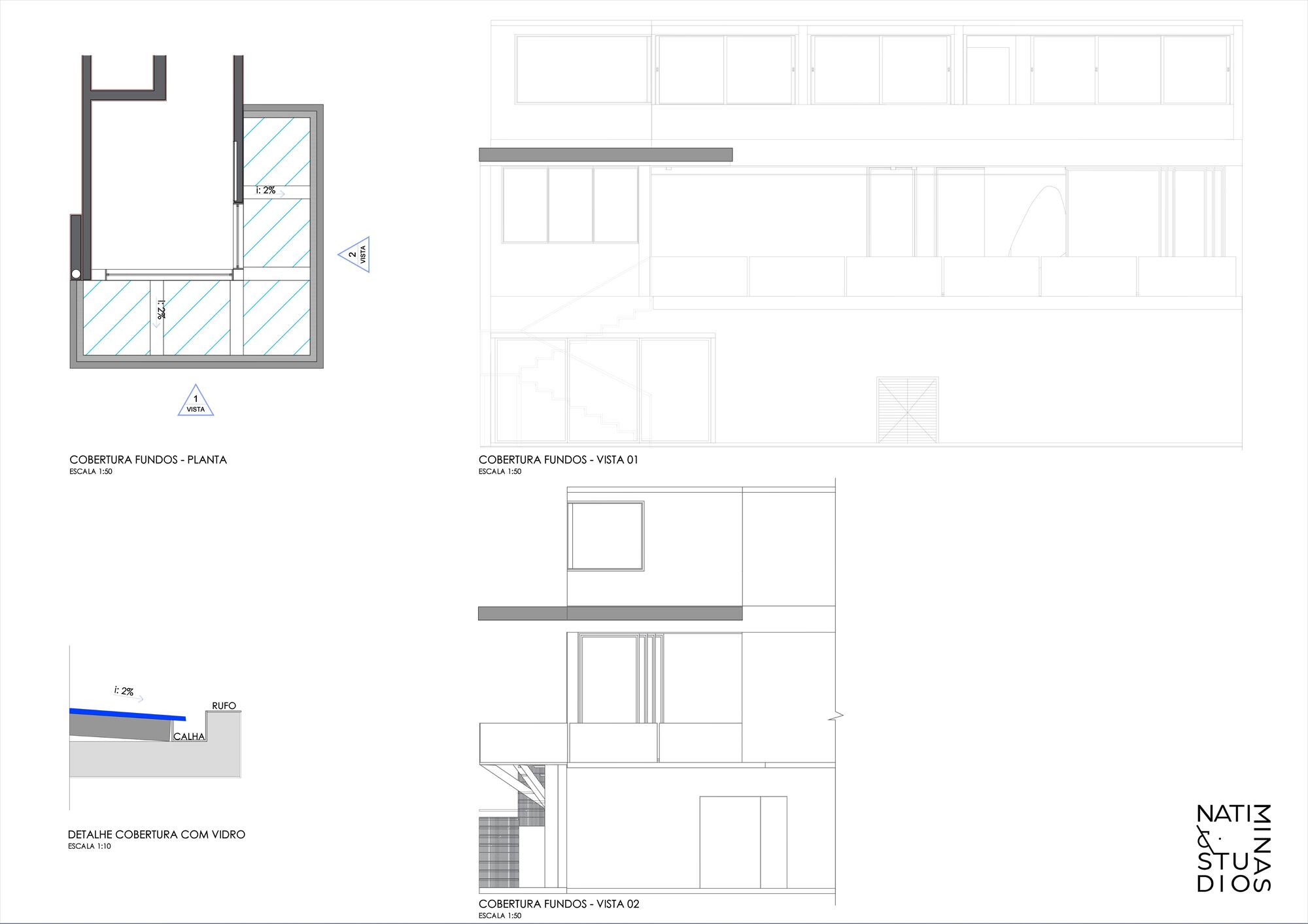Roof terrace plan and elevation drawings showing glazed pool enclosure with stair and section detail