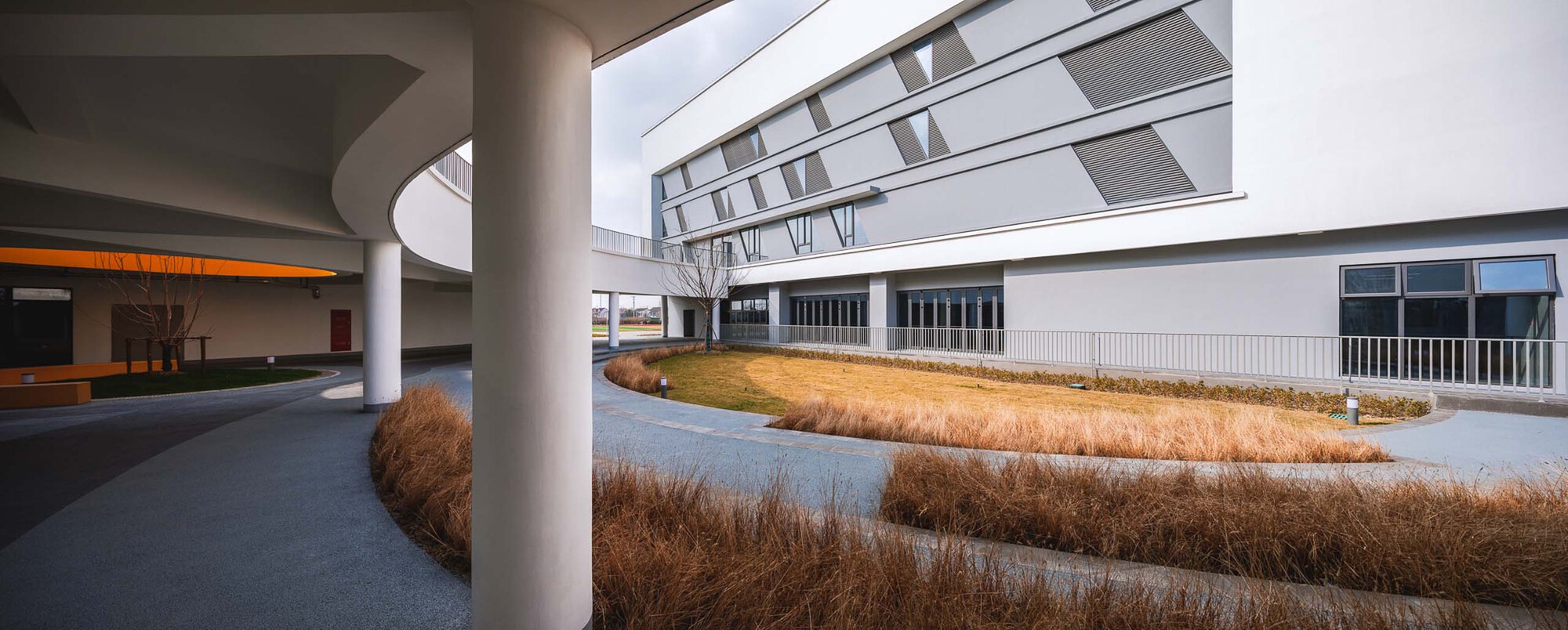 Courtyard view through white columns showing planted beds with dried grasses and horizontal facade beyond