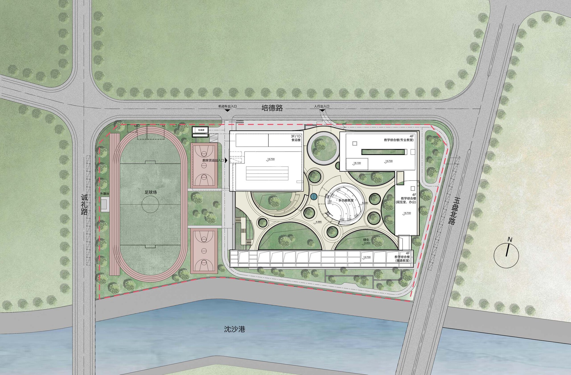 Site plan drawing showing a campus layout with sports field and circular courtyards beside a waterfront