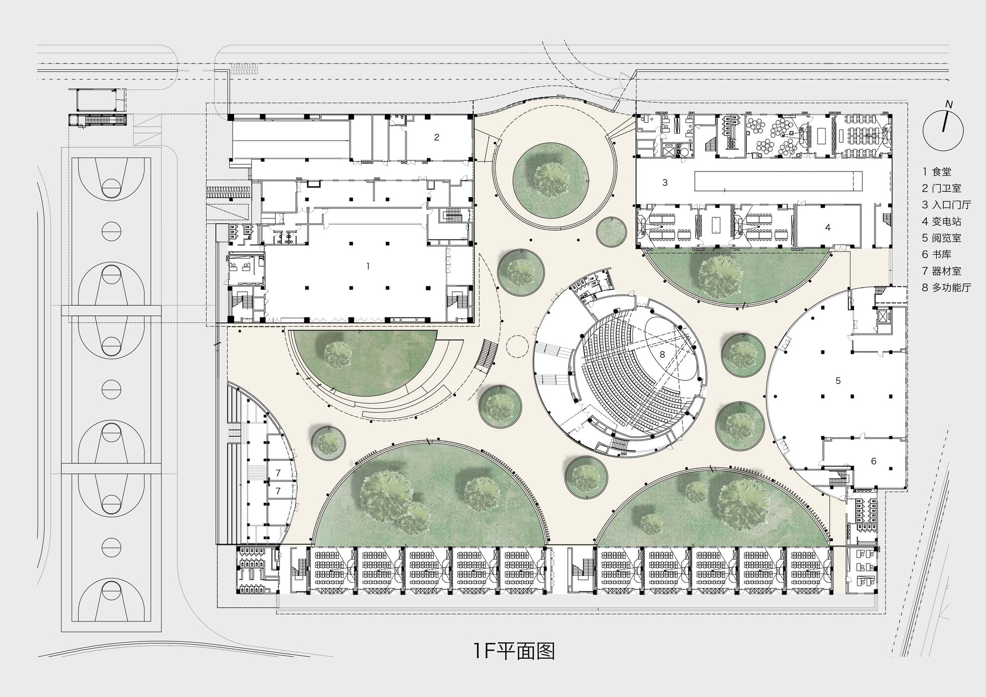 Ground floor plan drawing depicting circular courtyards with trees and an amphitheater among rectangular classroom blocks