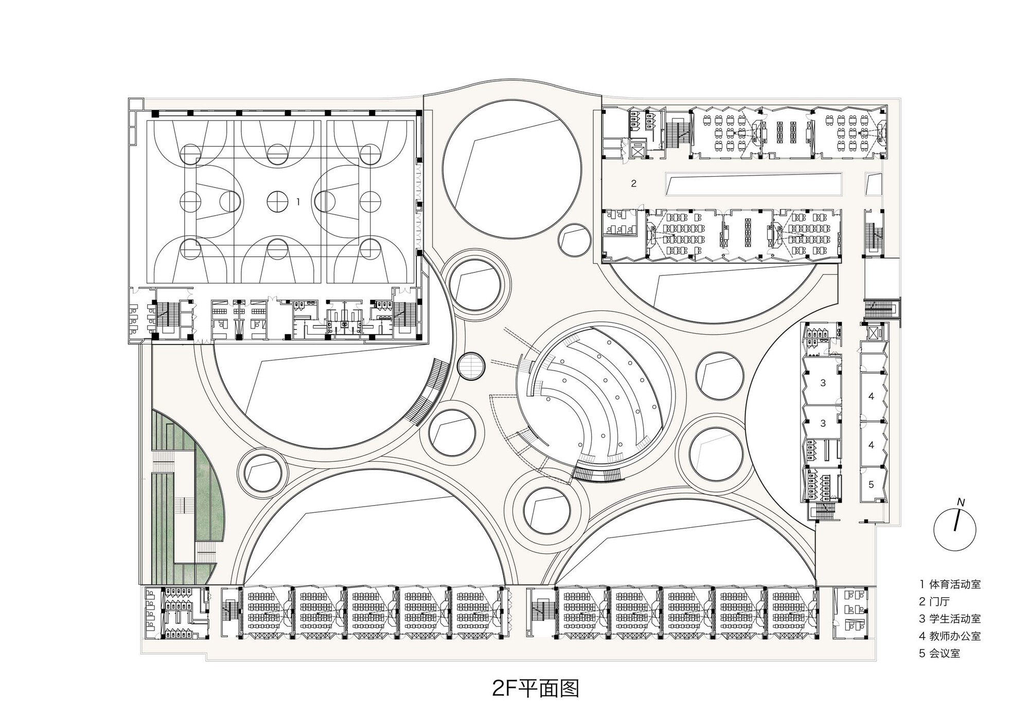 Second floor plan drawing showing the arrangement of circular voids and classroom wings around a central spiral