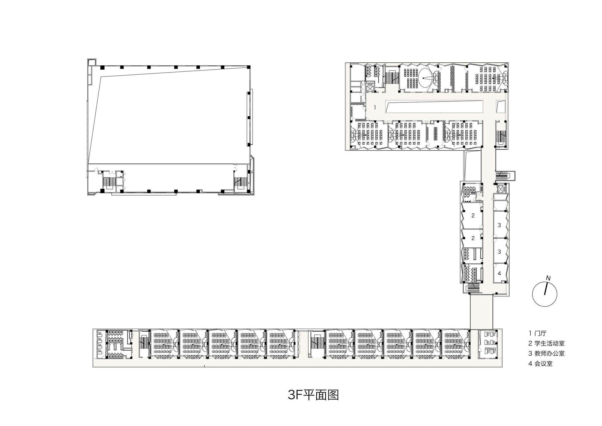 Floor plan drawing showing a U-shaped campus layout with a large open courtyard and classroom wings